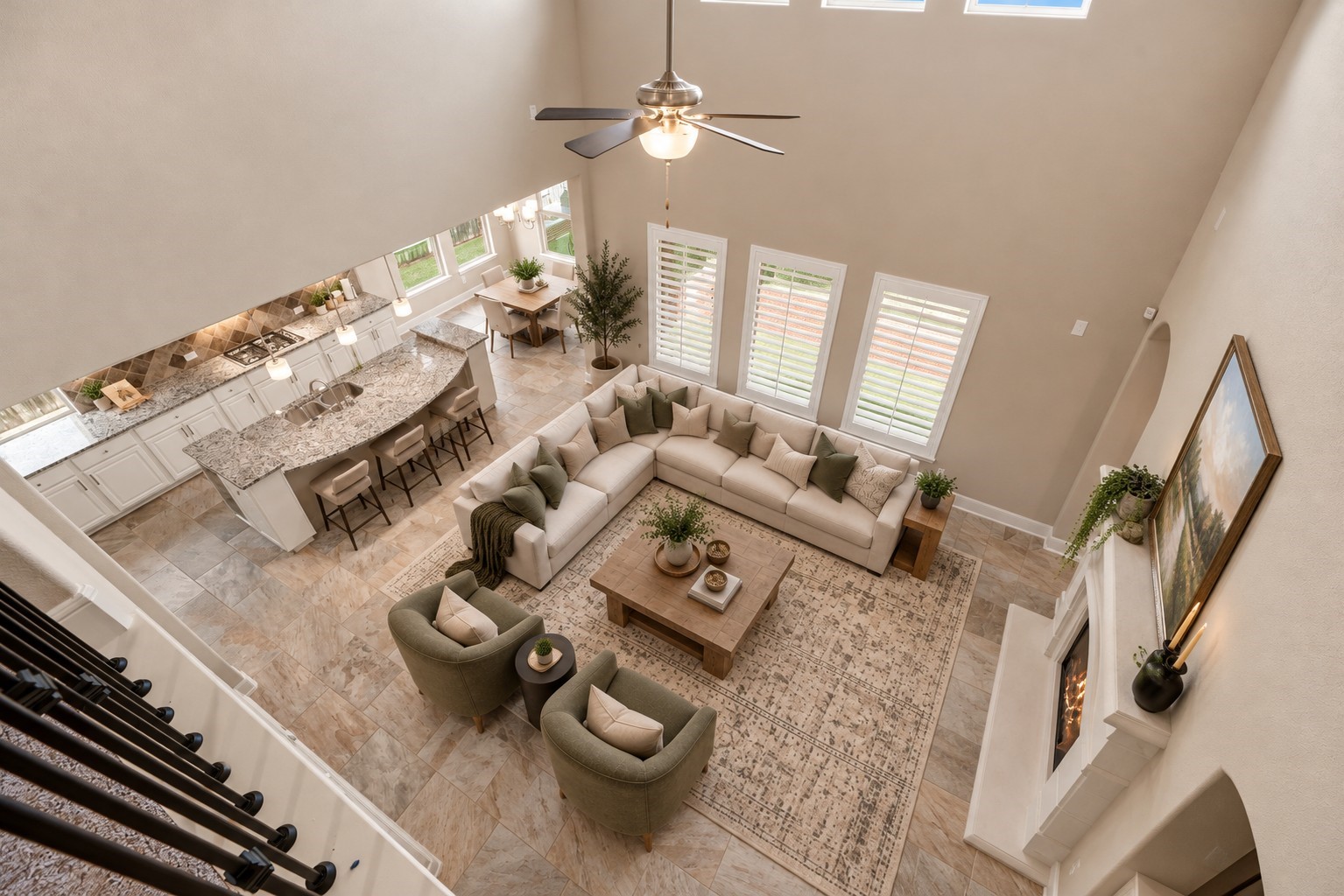 View of the family room from above. (virtually staged)