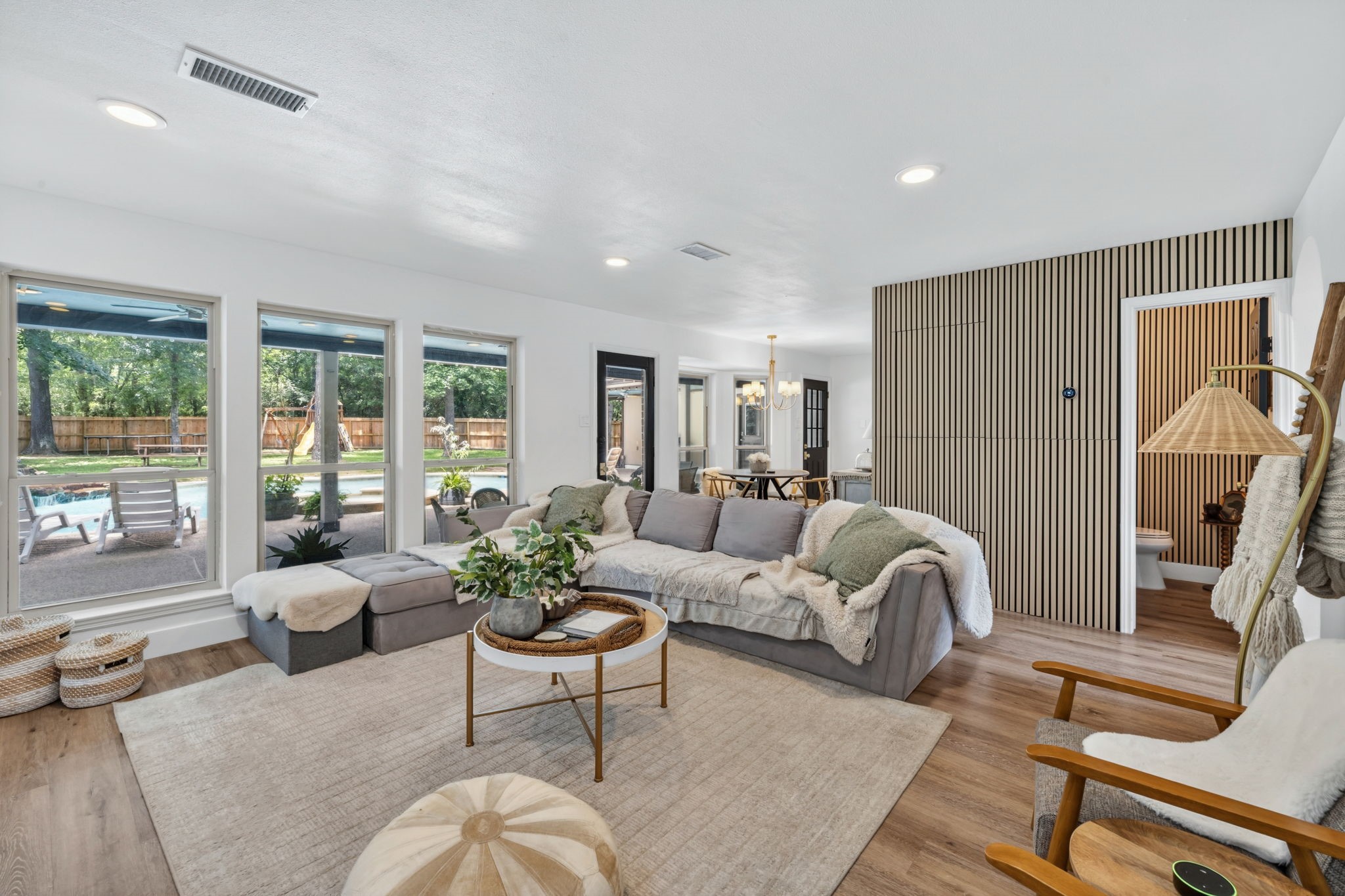 The living room is comfortable, open, and connected