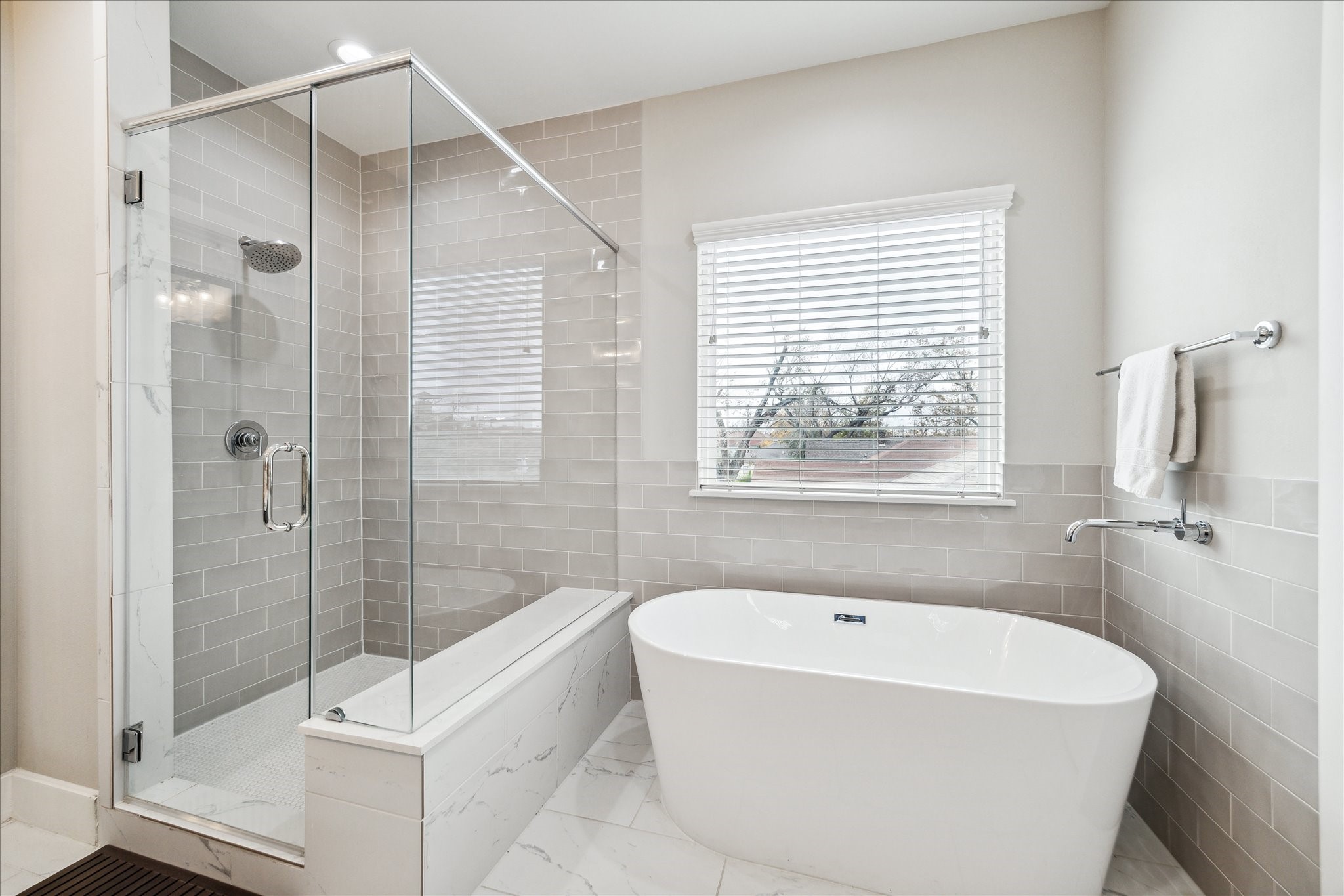Large soaking tub and stand alone shower.