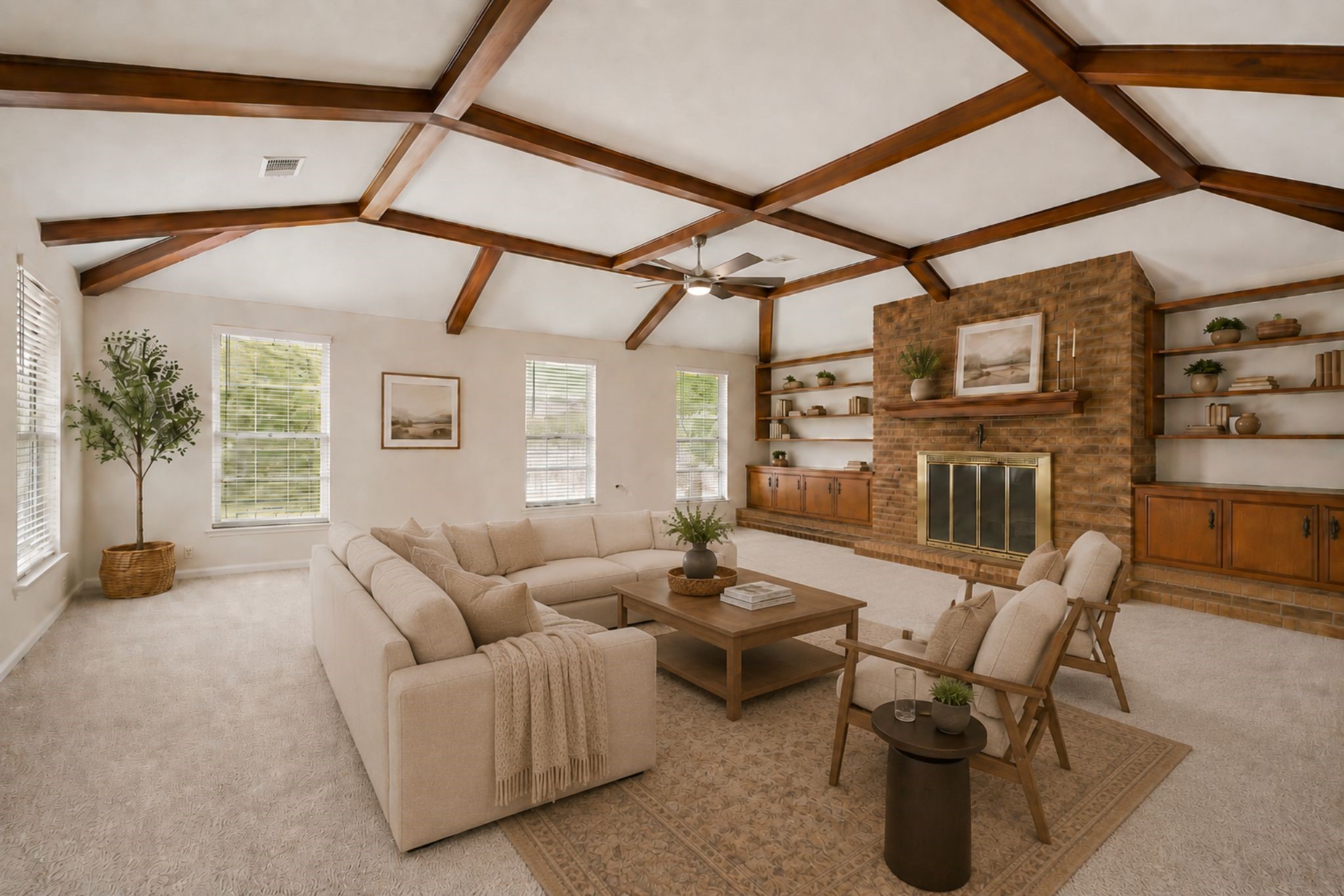 MULTIPLE WINDOWS FILL THE SPACIOUS FAMILY ROOM WITH NATURAL LIGHT, WHILE THE DRAMATIC BEAMED CEILING AND BRICK FIREPLACE ADD CHARACTER. **Virtually Staged. MULTIPLE WINDOWS FILL THE SPACIOUS FAMILY ROOM WITH NATURAL LIGHT, WHILE THE DRAMATIC BEAMED CEILING AND BRICK FIREPLACE ADD CHARACTER. **Virtually Staged.