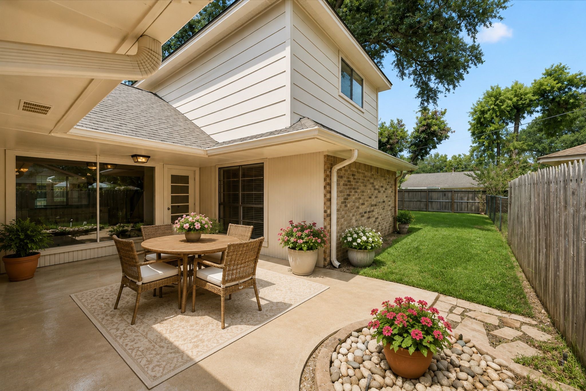 THE COVERED BACK PATIO CREATES A SHADED OUTDOOR LIVING SPACE, WHILE THE ADJOINING LAWN PROVIDES ADDITIONAL ROOM FOR PLAY, PETS, OR GARDENING.