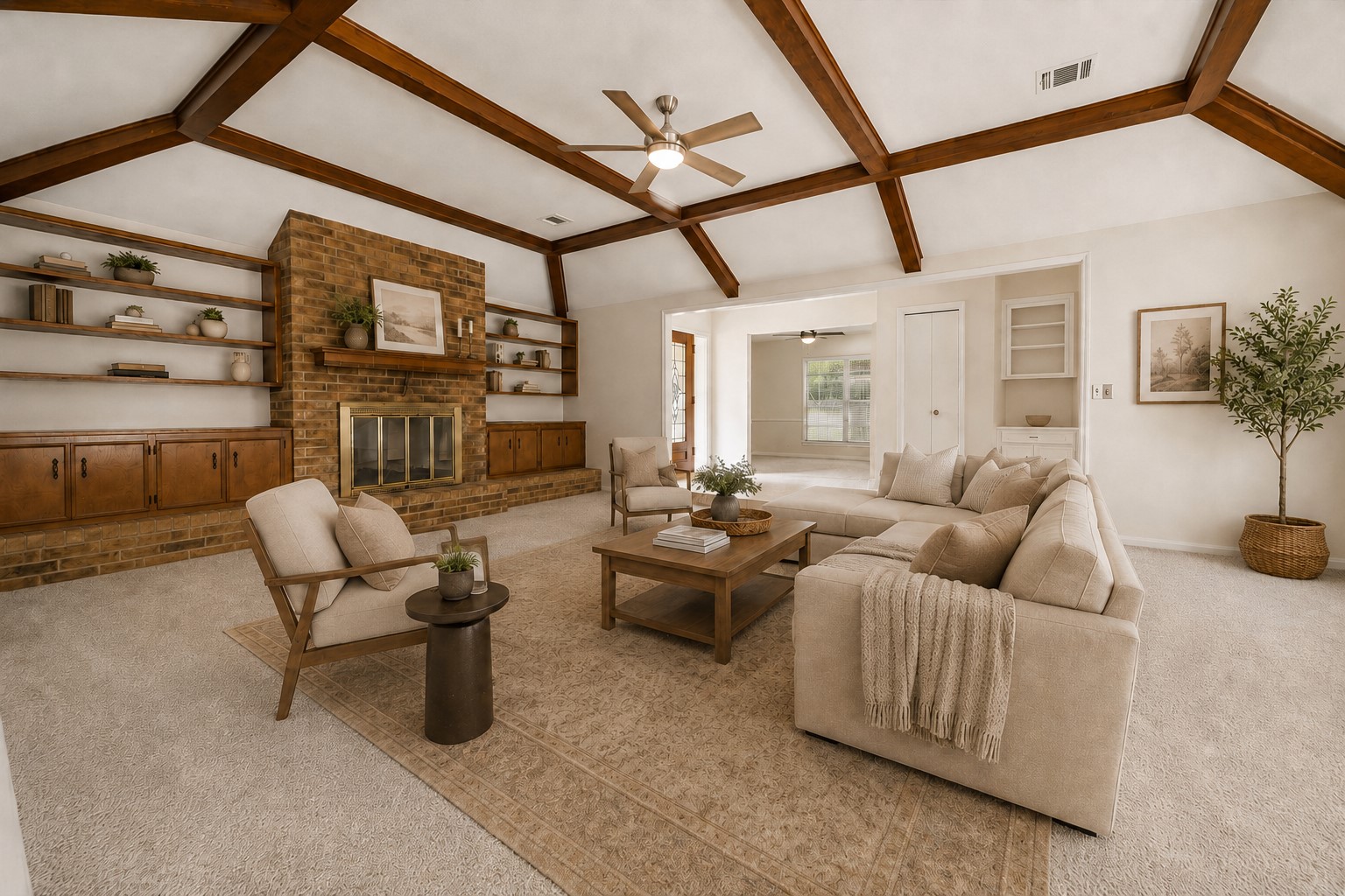THE EXPANSIVE FAMILY ROOM SHOWCASES A VAULTED CEILING WITH EXPOSED WOOD BEAMS, A FULL BRICK FIREPLACE, AND EXTENSIVE BUILT-IN STORAGE. **Virtually Staged. THE EXPANSIVE FAMILY ROOM SHOWCASES A VAULTED CEILING WITH EXPOSED WOOD BEAMS, A FULL BRICK FIREPLACE, AND EXTENSIVE BUILT-IN STORAGE. **Virtually Staged.