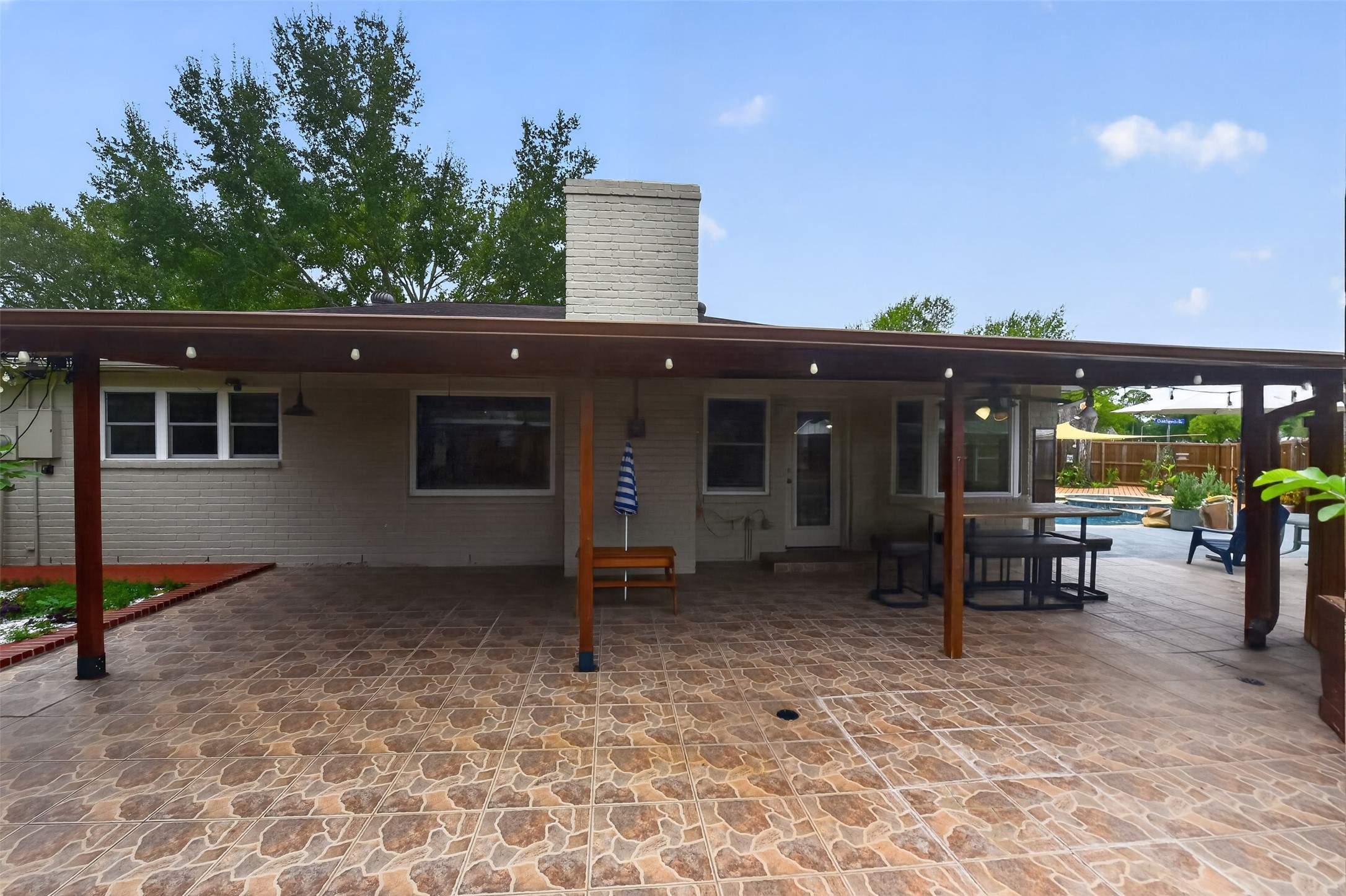 View of covered patio and pool from the back.