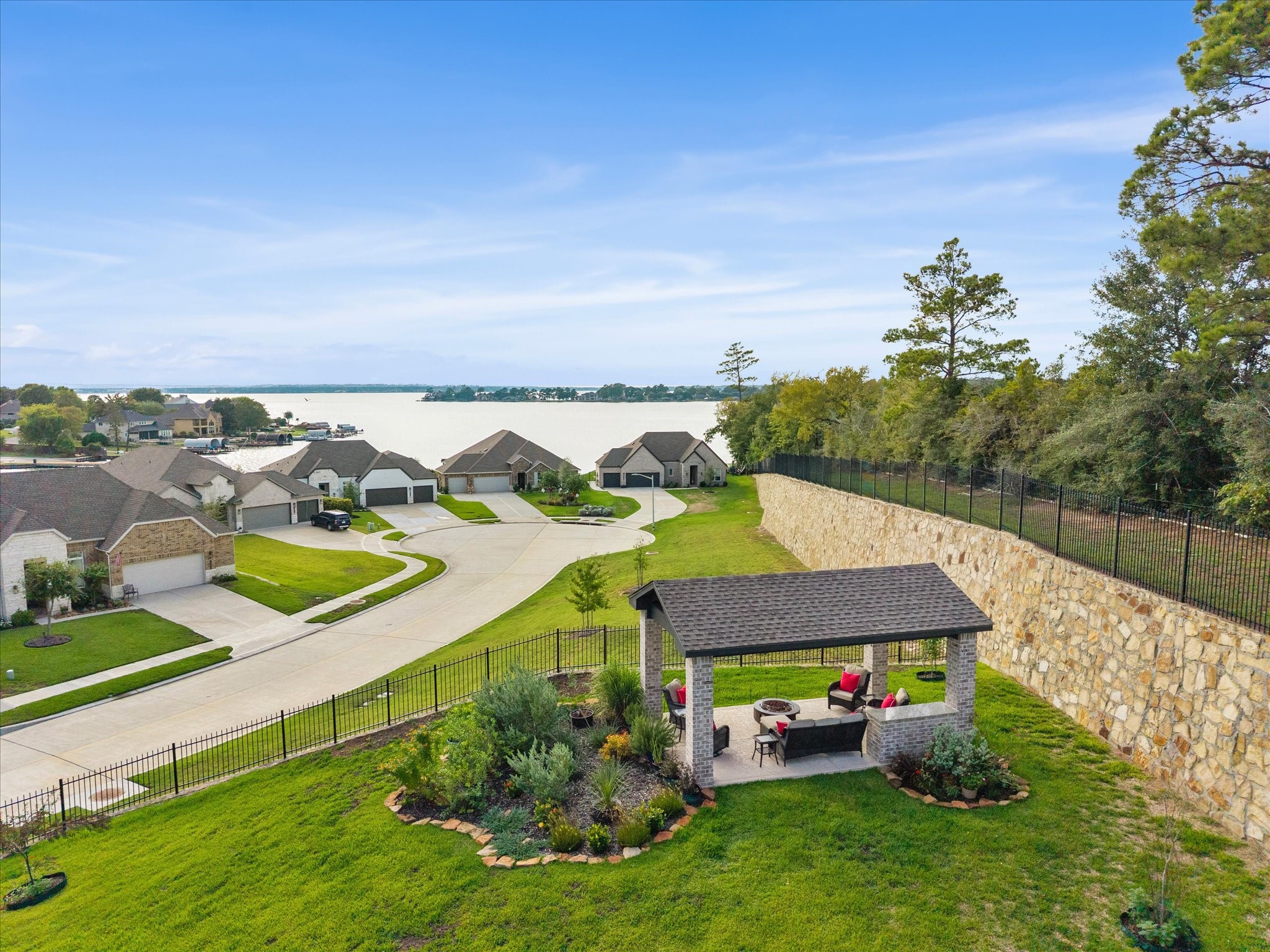 Aerial view of the cabana and Lake Conroe