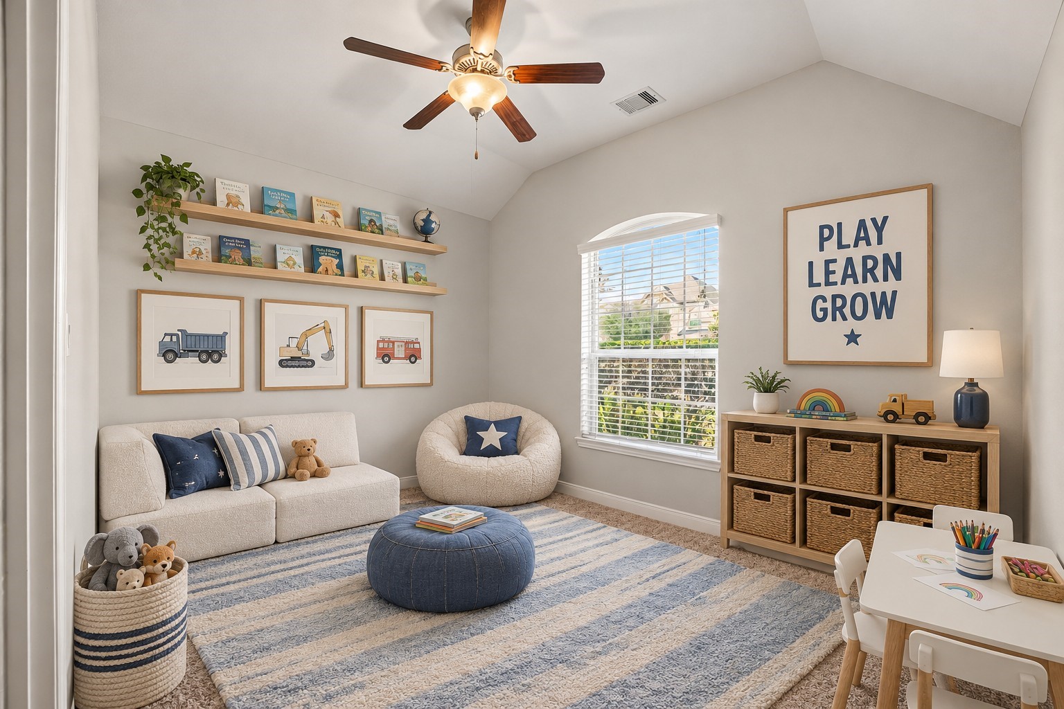 This spacious secondary bedroom offers incredible flexibility, making it ideal as a guest room, playroom, or children's bedroom. A dramatic vaulted ceiling enhances the sense of space and a large, arched-top window equipped with adjustable blinds fills the room with natural light while providing views of the neighborhood. *Virtually Staged*