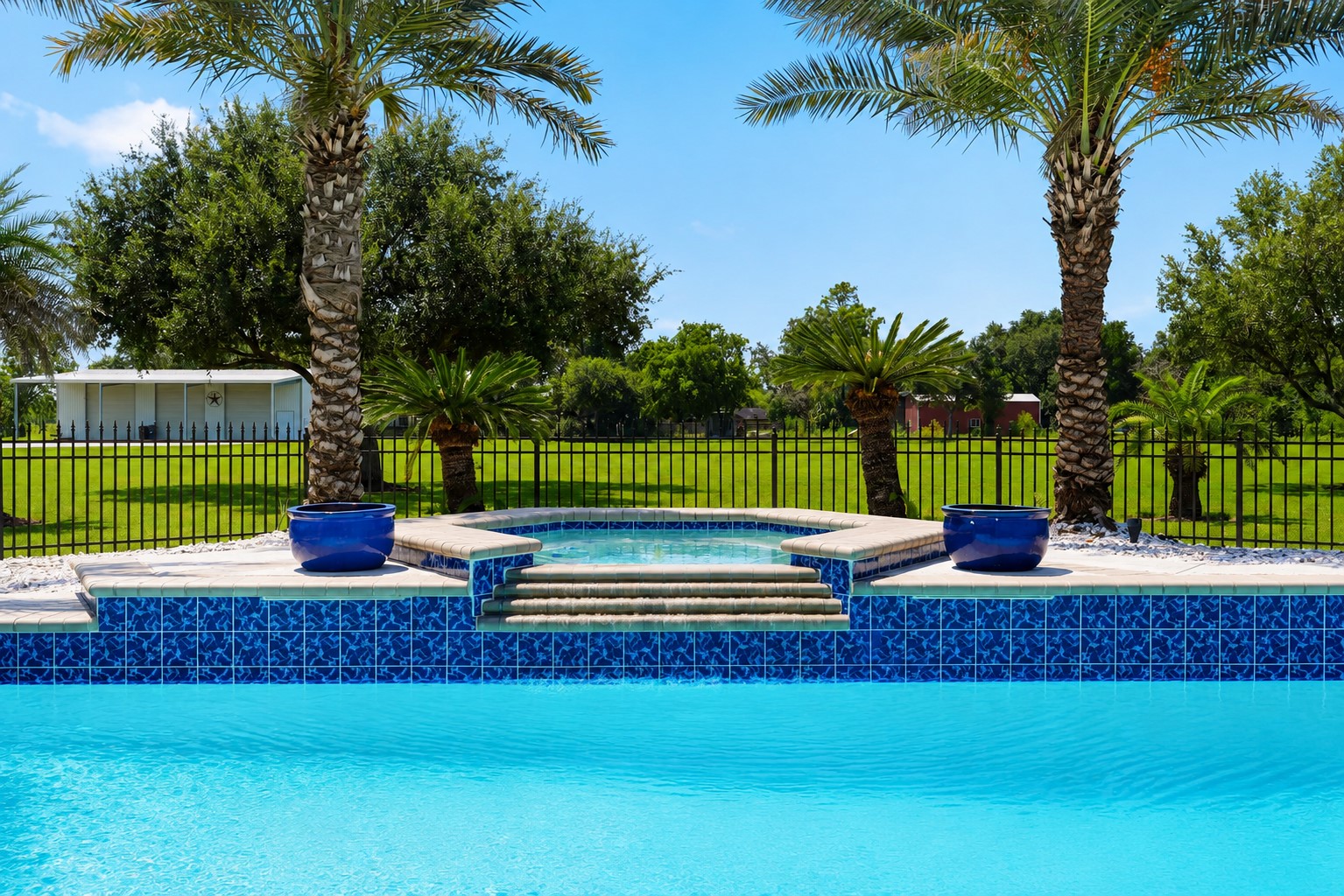 Raised spa overlooking the pool and expansive backyard