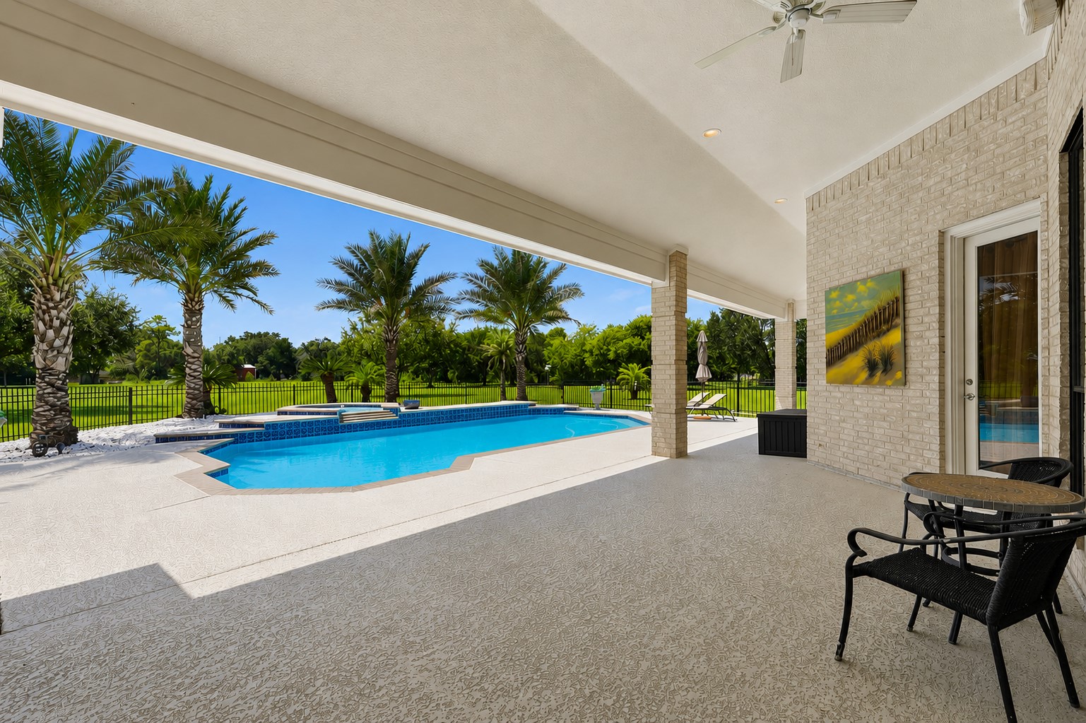 Spacious covered patio overlooking the pool and backyard