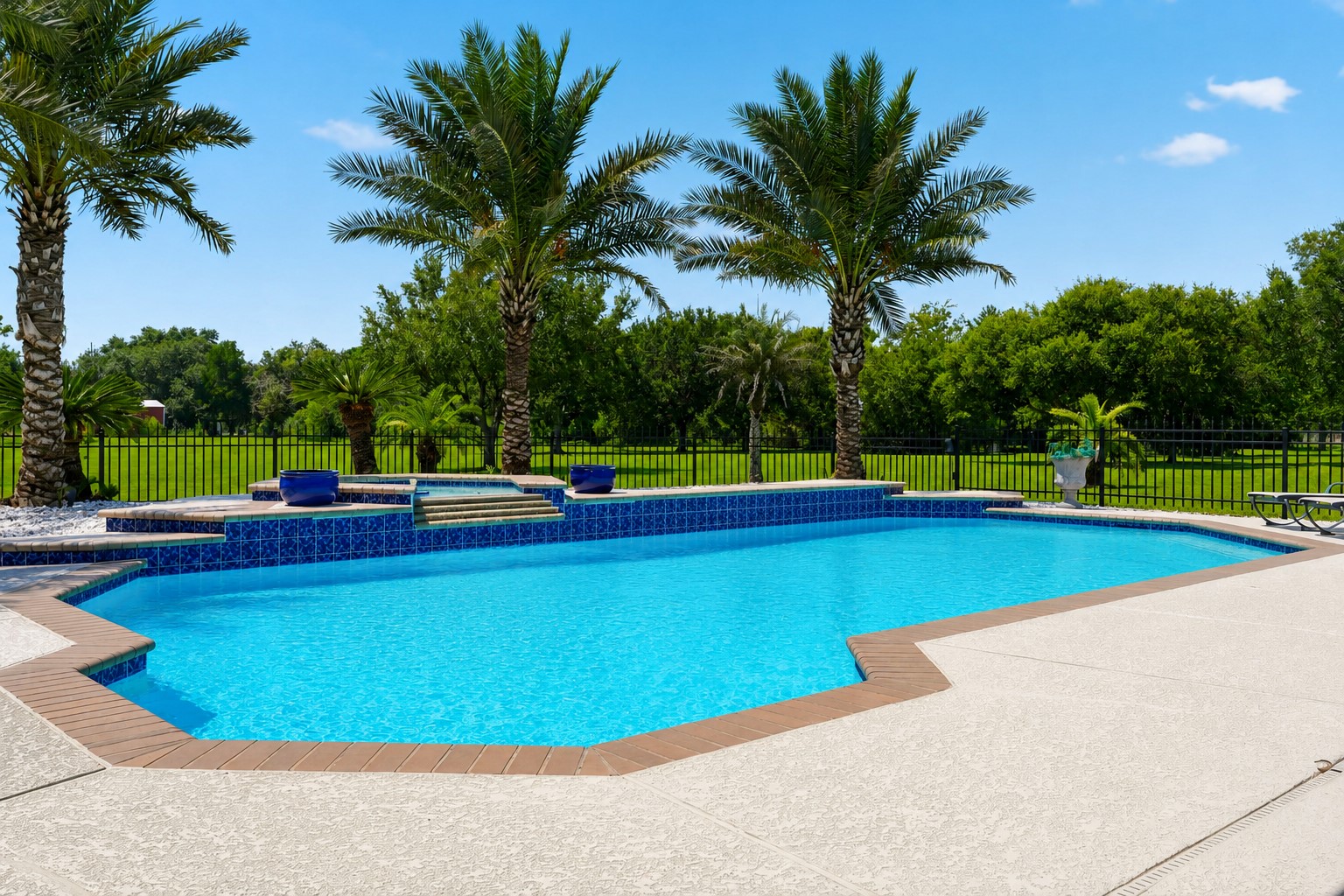 Resort-style swimming pool surrounded by tropical landscaping