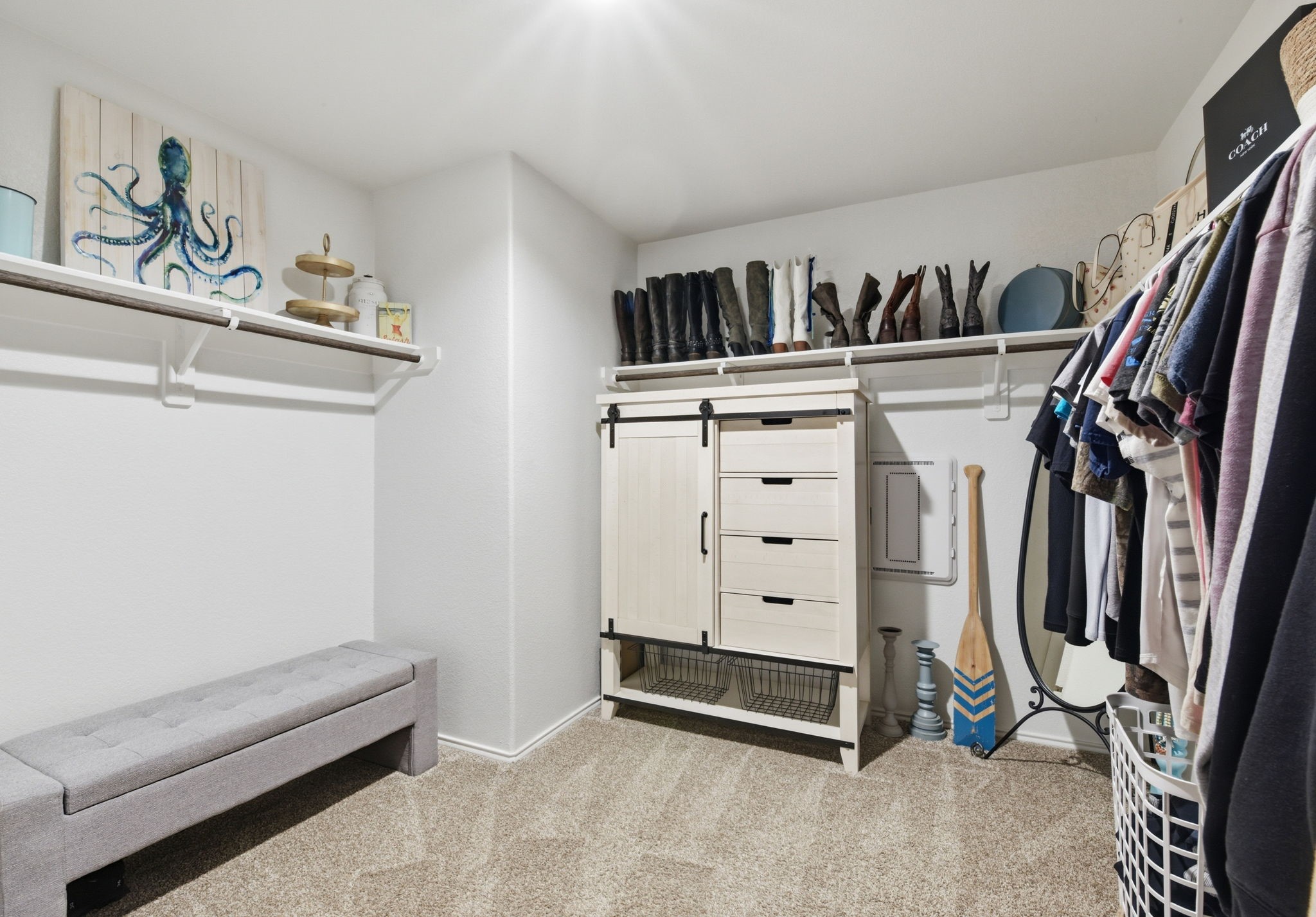 Large walk-in closet with lots of storage.
