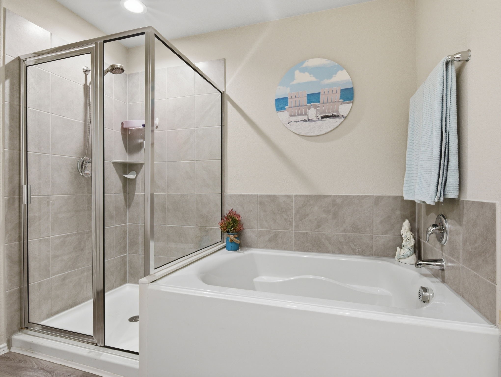 Relaxing soaking tub with separate walk-in shower. Relaxing soaking tub with separate walk-in shower.
