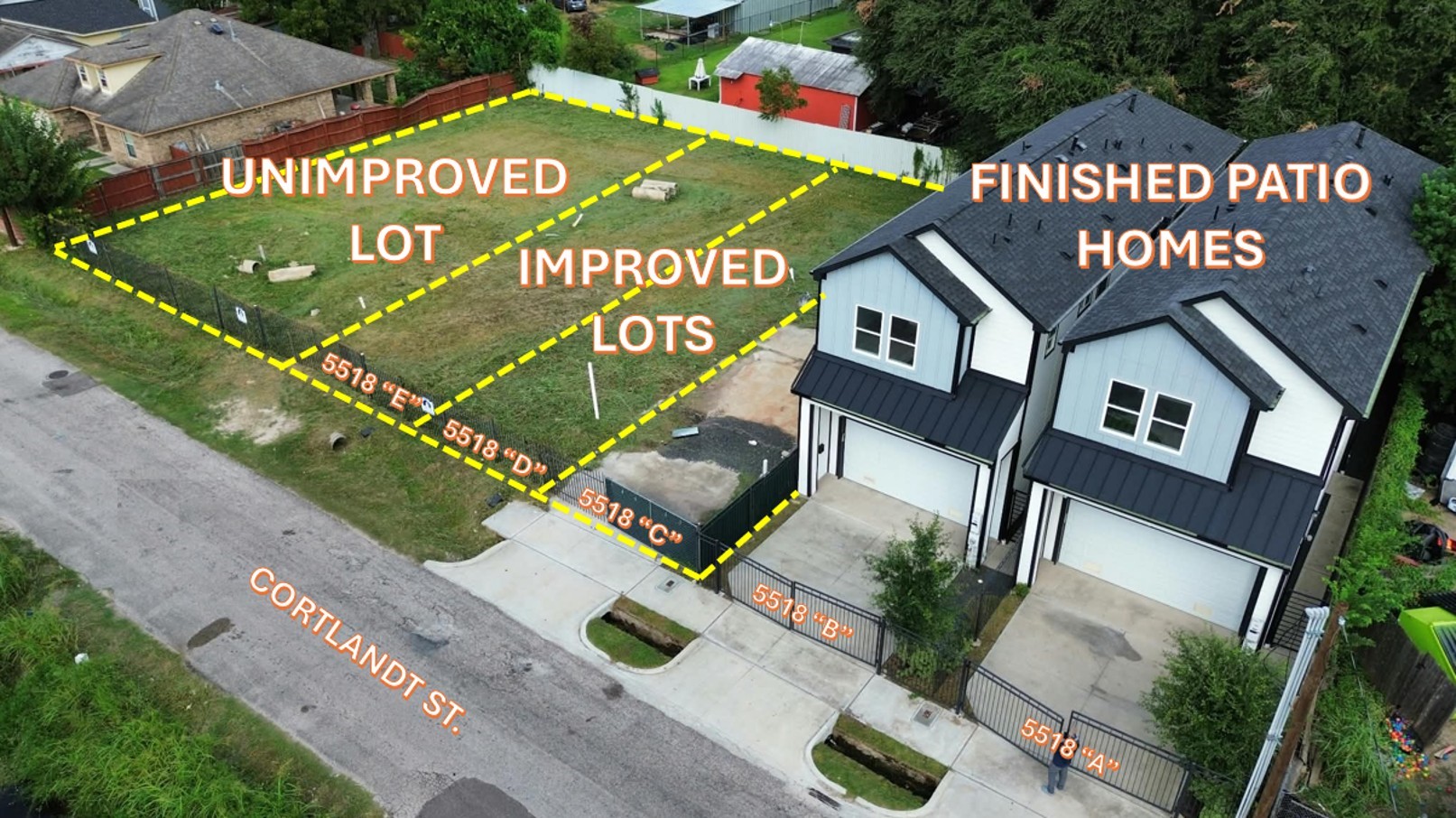 TWO PATIO HOMES COMPLETLY FINISHED AND READY TO GENERATE RENT INCOME, THREE LOTS WITH IMPROVEMENTS AND PERMITS READY TO BUILD AND ONE LOT THAT FITS TWO MORE UNITS.
