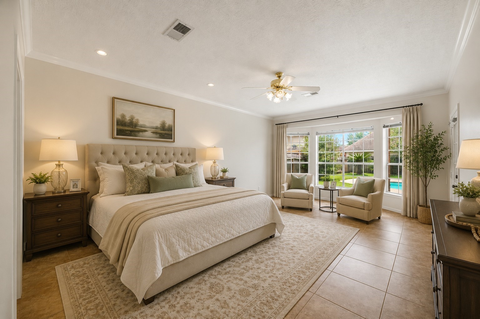 The spacious primary bedroom is bathed in natural light from large windows that offer a serene view of the pool, creating a tranquil retreat.