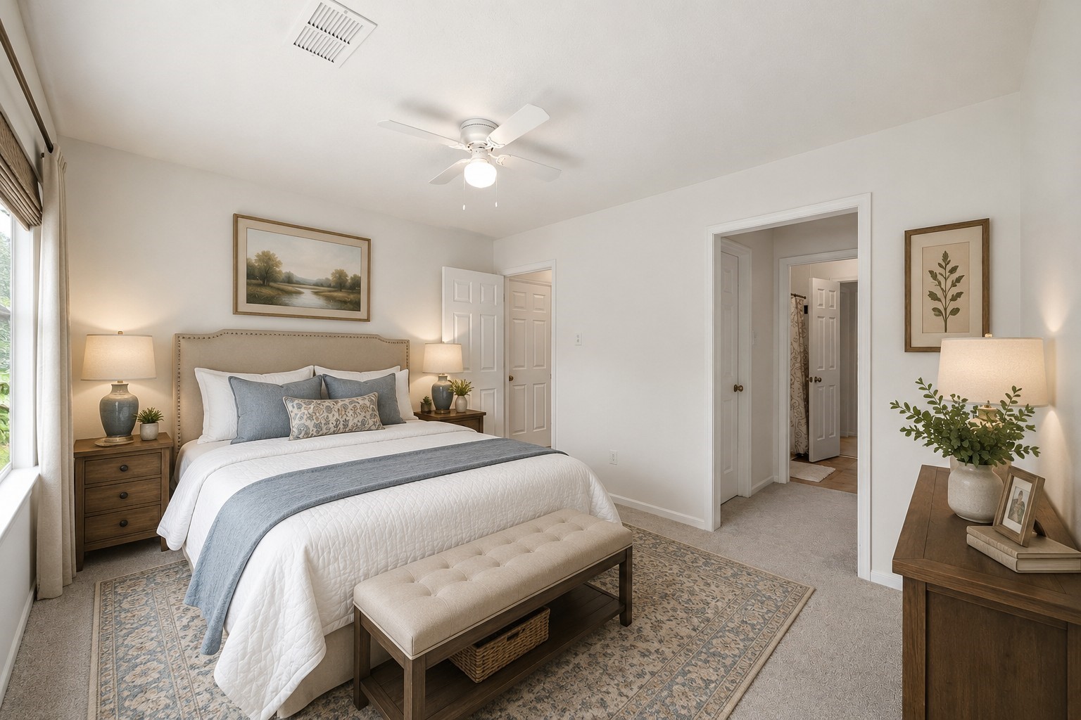 Experience comfort and convenience in the virtually staged third bedroom, featuring a separate sink and a spacious walk-in closet.