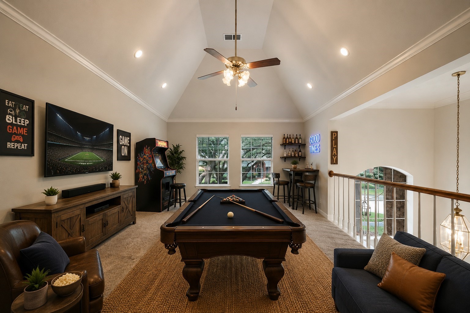 Discover endless entertainment possibilities in this inviting game room, perfect for relaxation and creating a great hangout area.