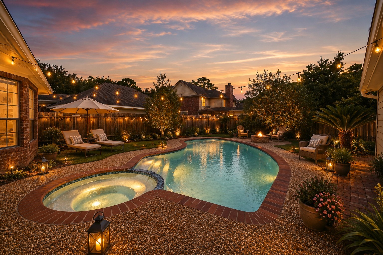 Experience ultimate relaxation in this backyard oasis with a beautifully lit pool and spa, surrounded by lush landscaping and inviting seating areas perfect for evening gatherings.