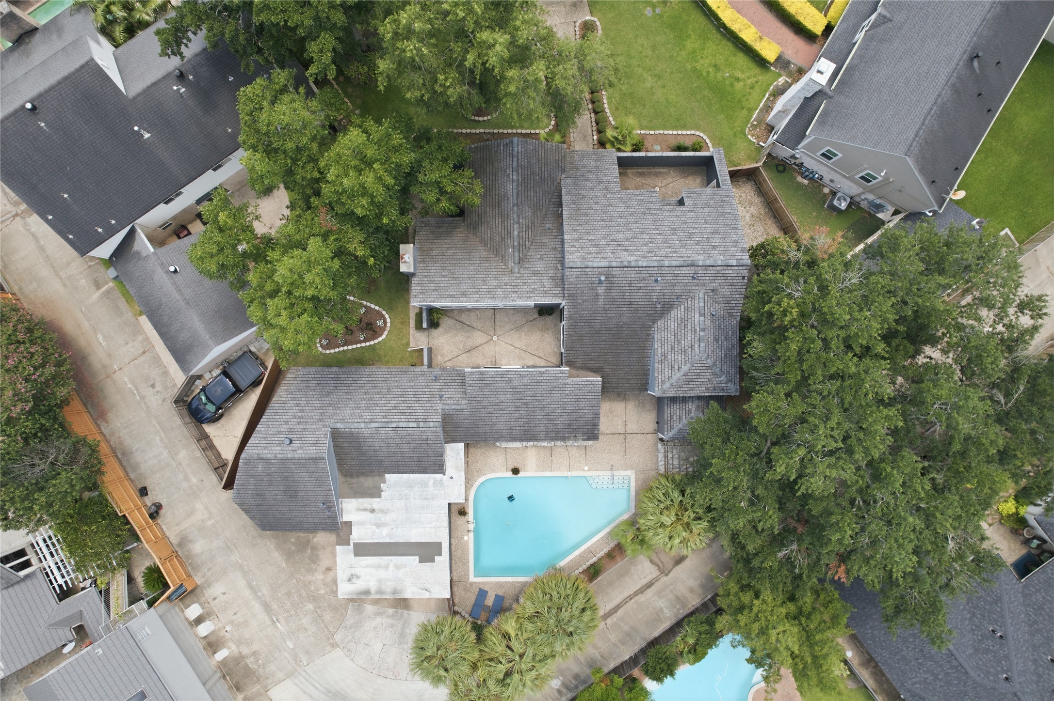 Another aerial view highlights the unique layout of this home!