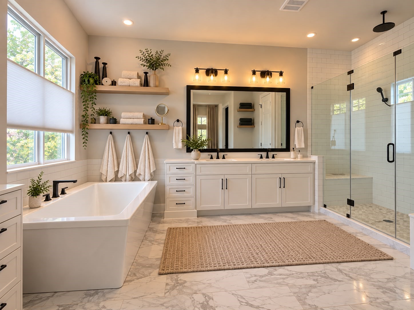 Luxurious primary bathroom featuring a freestanding soaking tub, glass-enclosed walk-in shower, dual-sink vanity, and elegant marble-look tile flooring.