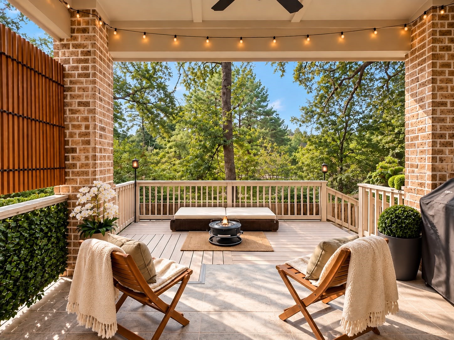 Covered outdoor patio featuring string lighting, comfortable seating, a fire pit, and a peaceful wooded view.