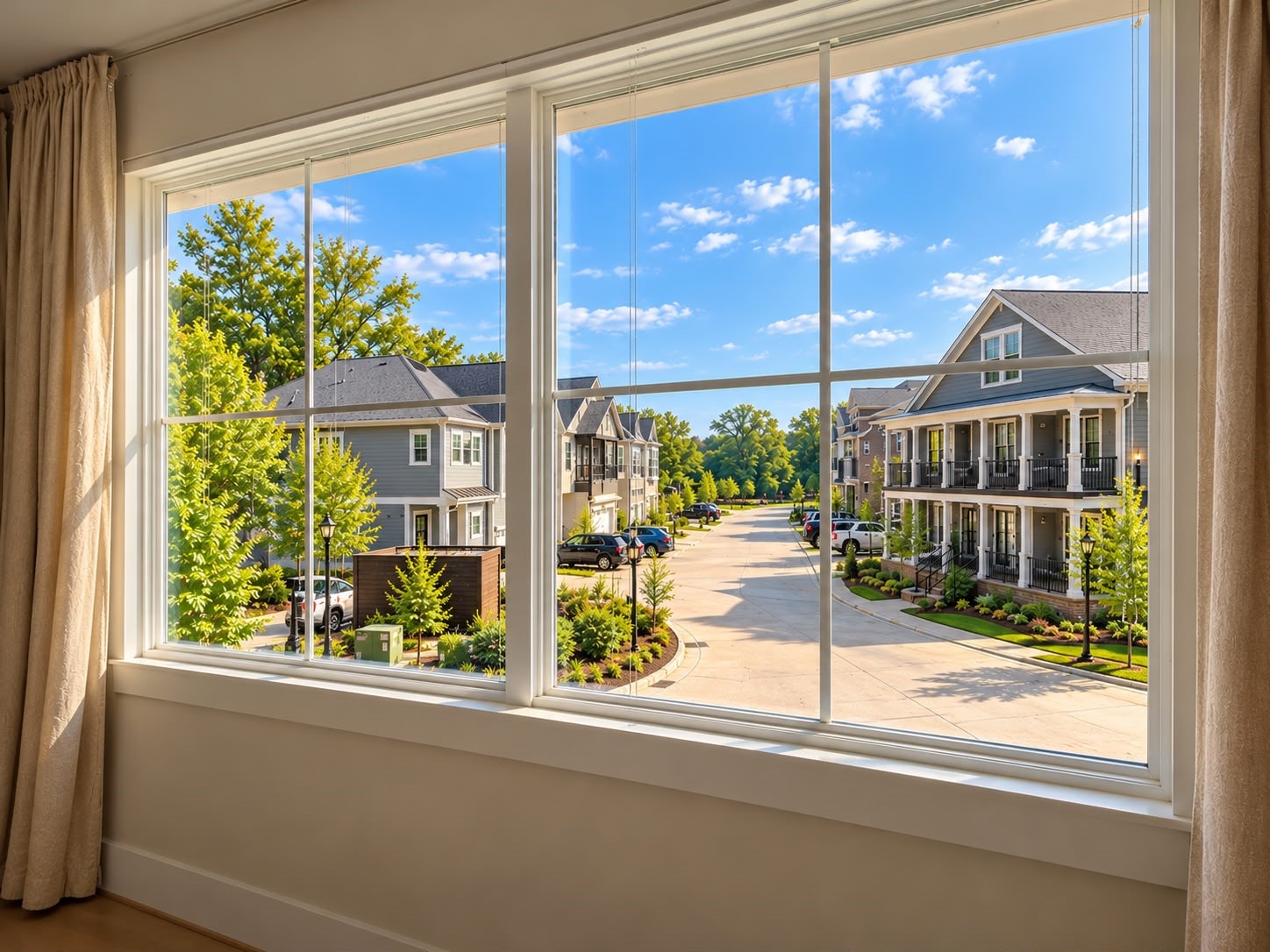 Expansive picture window offering a beautiful view of the well-maintained residential neighborhood, tree-lined streets, and surrounding homes.