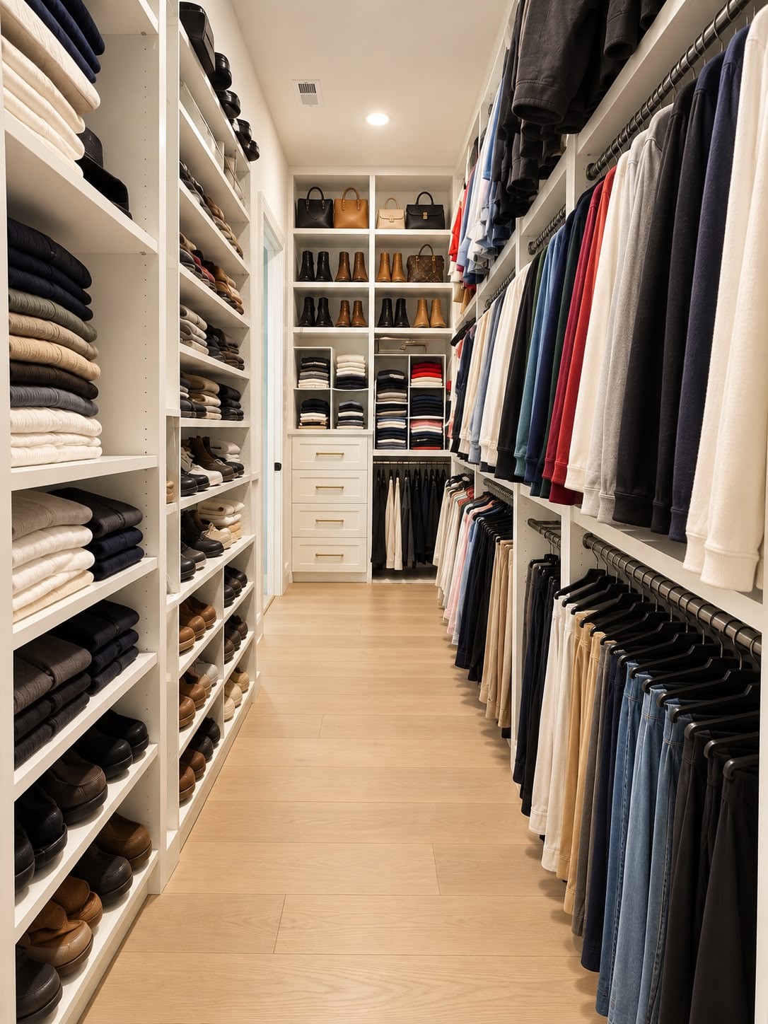 Spacious walk-in closet with custom cabinetry, organized clothing racks, shoe storage, and built-in drawers.