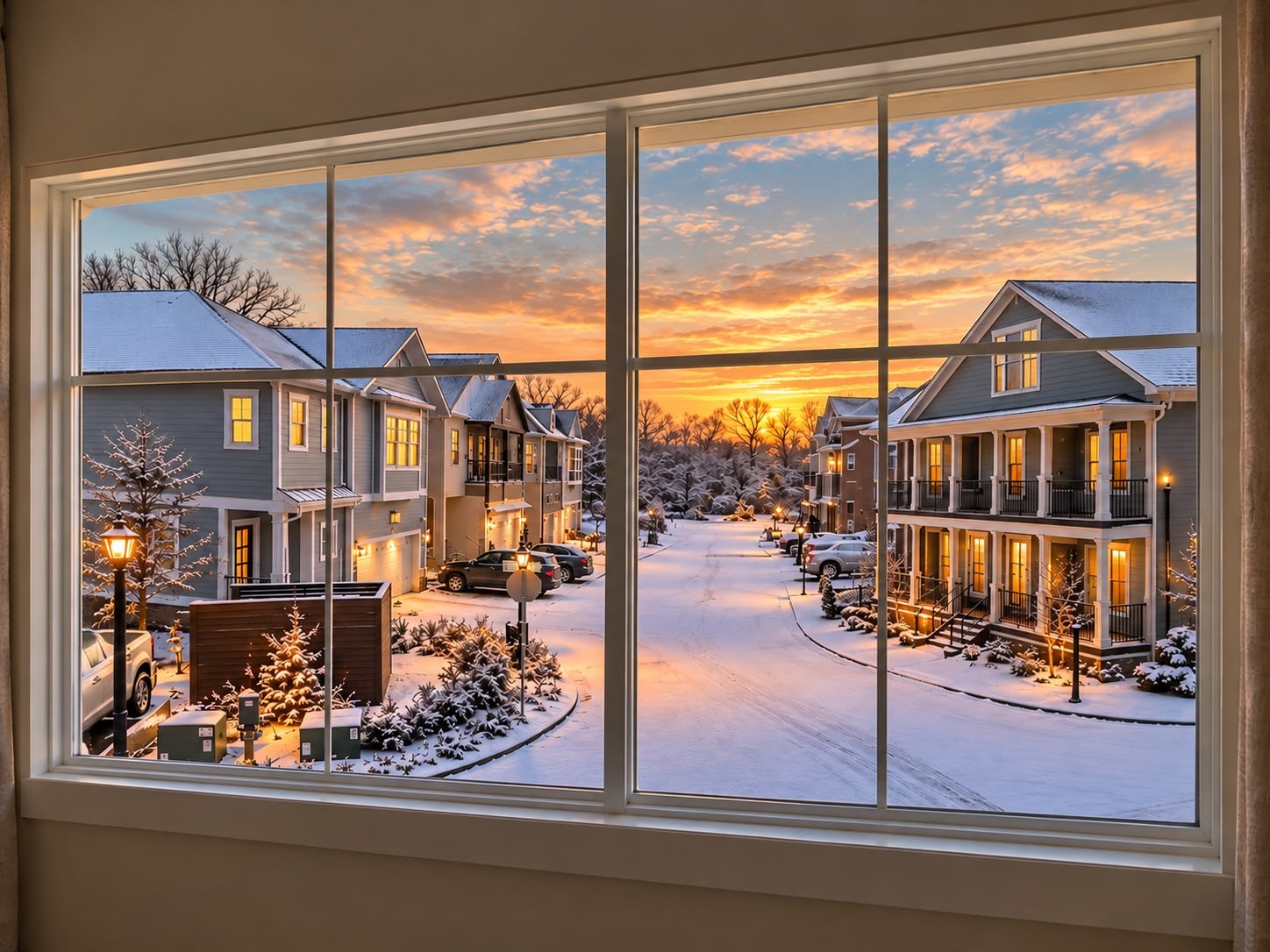 Winter-inspired neighborhood view through a large picture window, showcasing snow-covered homes, glowing exterior lights, and a stunning sunset sky.