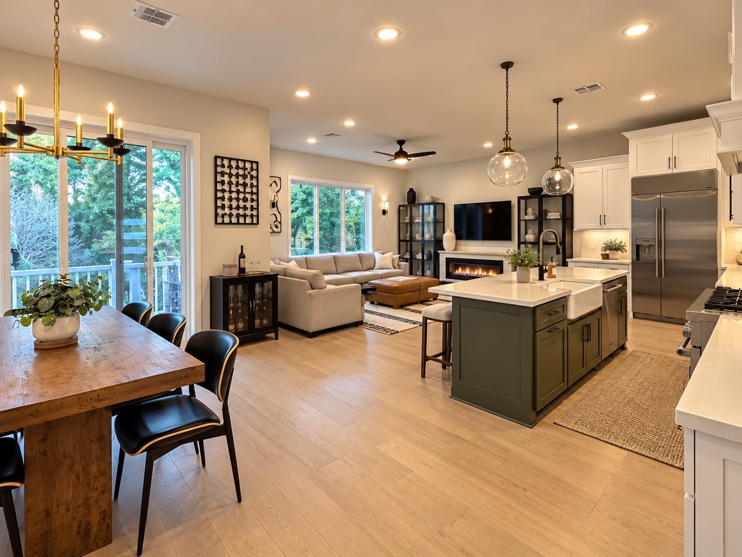 Open-concept living space featuring a modern kitchen with a large island, white cabinetry, stainless steel appliances, and a dining area with abundant natural light.