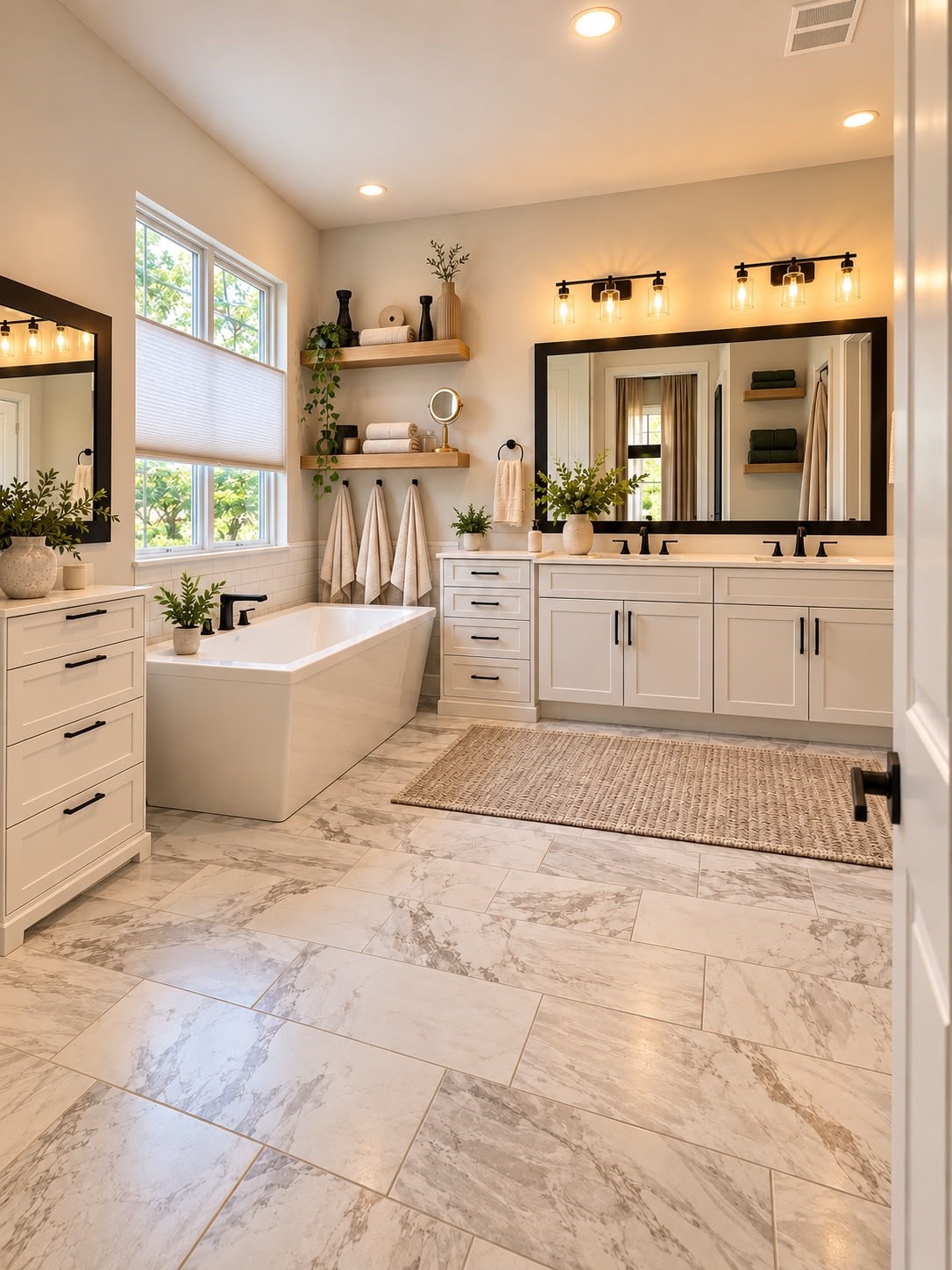 Bright primary bathroom with an extended double-sink vanity, modern black fixtures, a large framed mirror, and a spacious soaking tub.