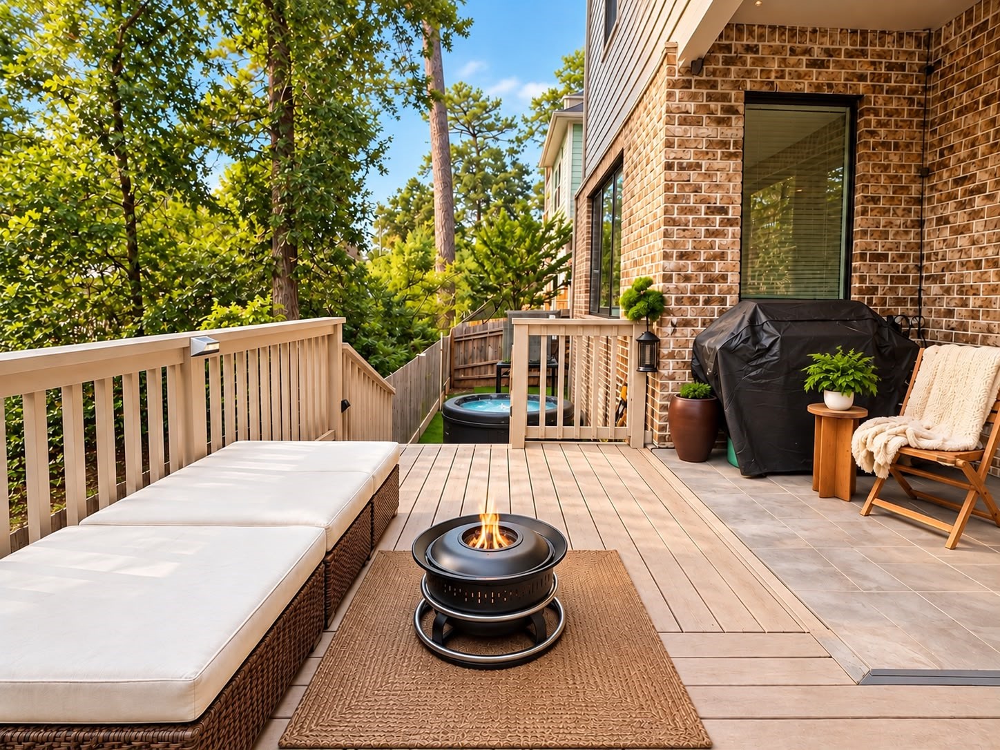 Private outdoor deck with comfortable lounge seating, a fire pit, and a relaxing backyard setting surrounded by mature trees.