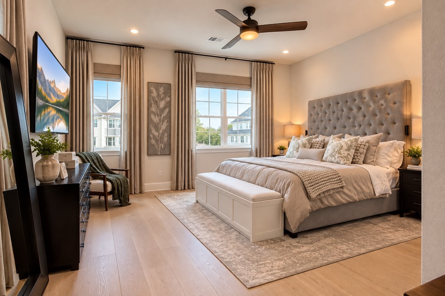 Spacious primary bedroom featuring a tufted upholstered headboard, large windows, elegant curtains, and warm wood-look flooring.