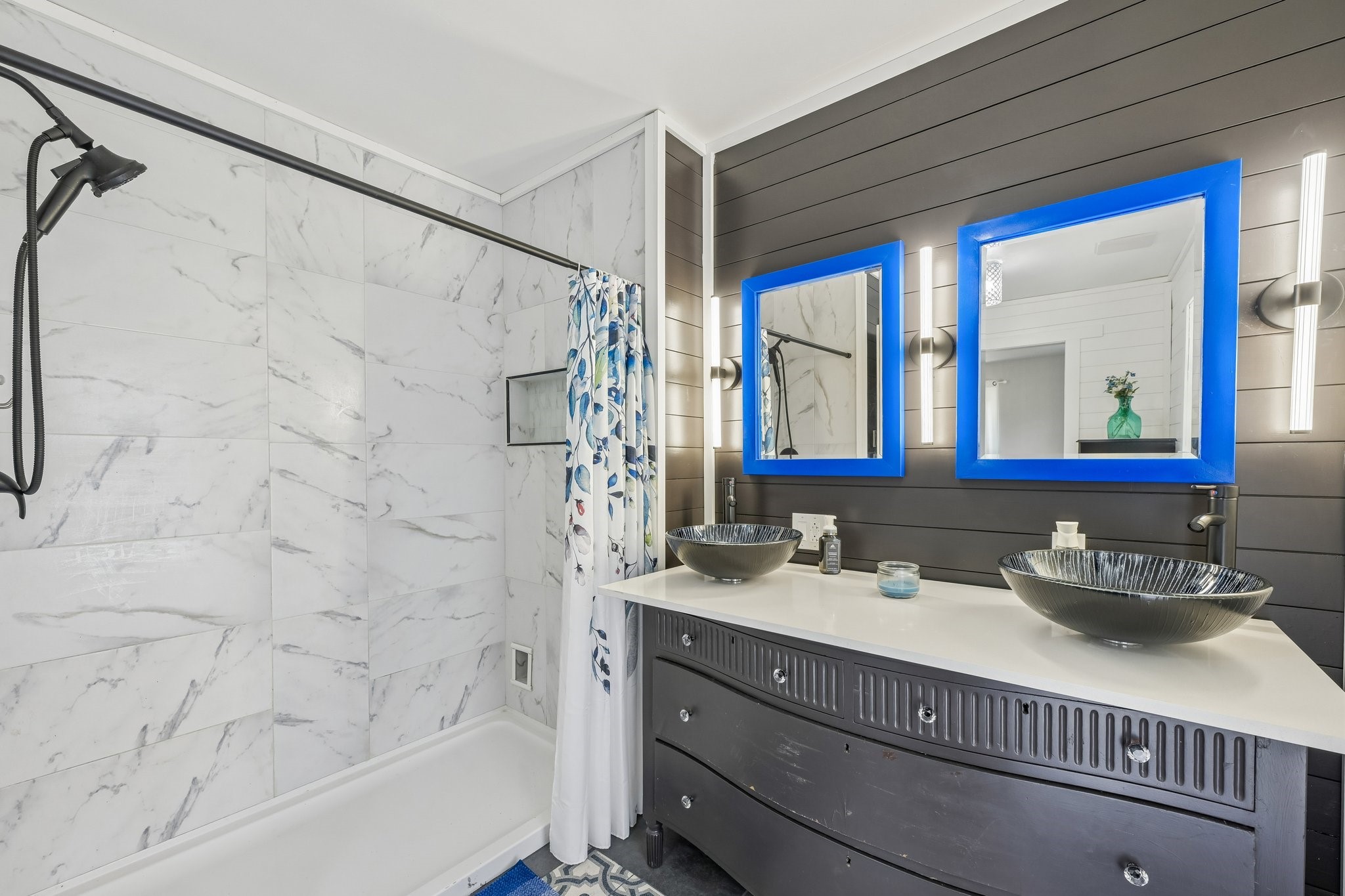 Double vanity with walk-in shower in the ensuite.