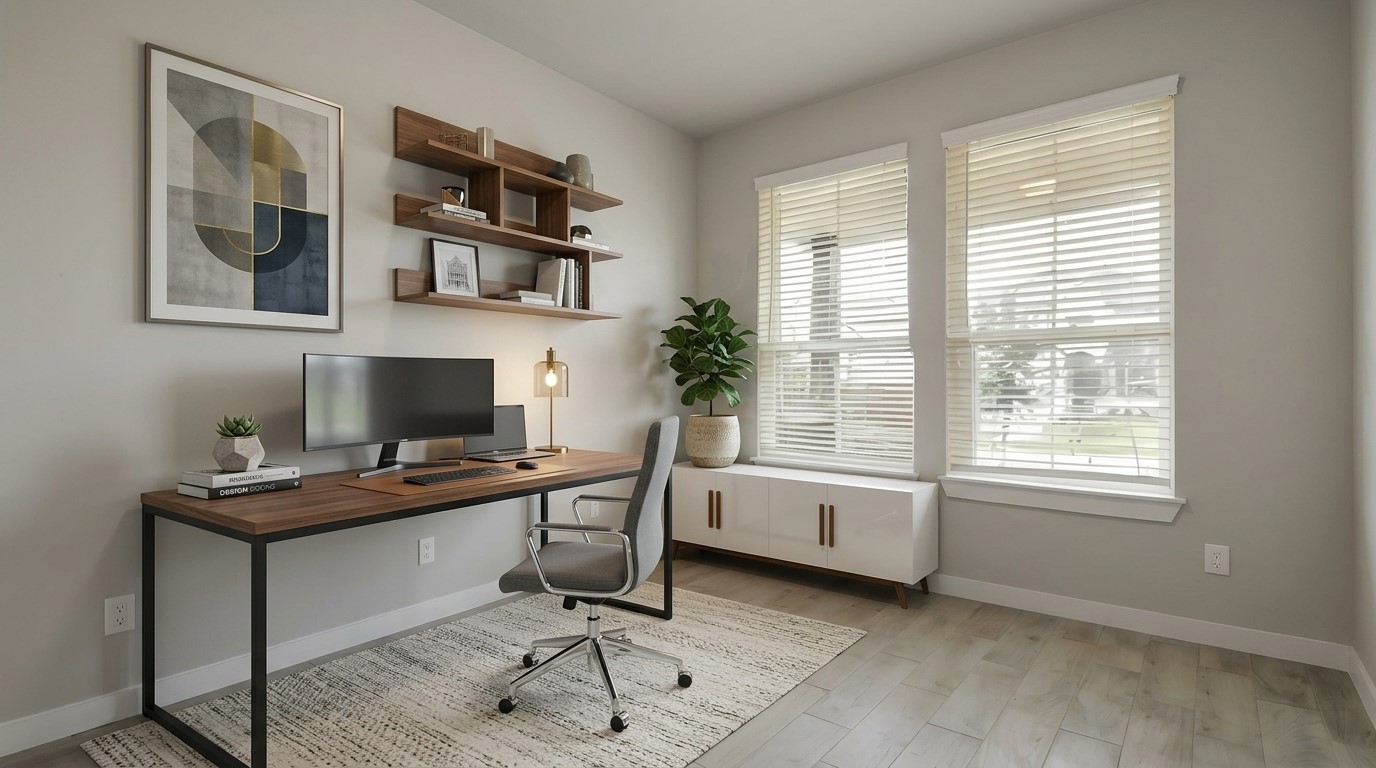 *Virtually Staged* Step into the inviting home office, where elegant tile flooring adds a touch of freshness and comfort to the workspace. Natural light pours through the window, creating an inspiring environment for productivity and focus. Sample photo of completed home with similar floor plan. Actual colors and selections may vary.