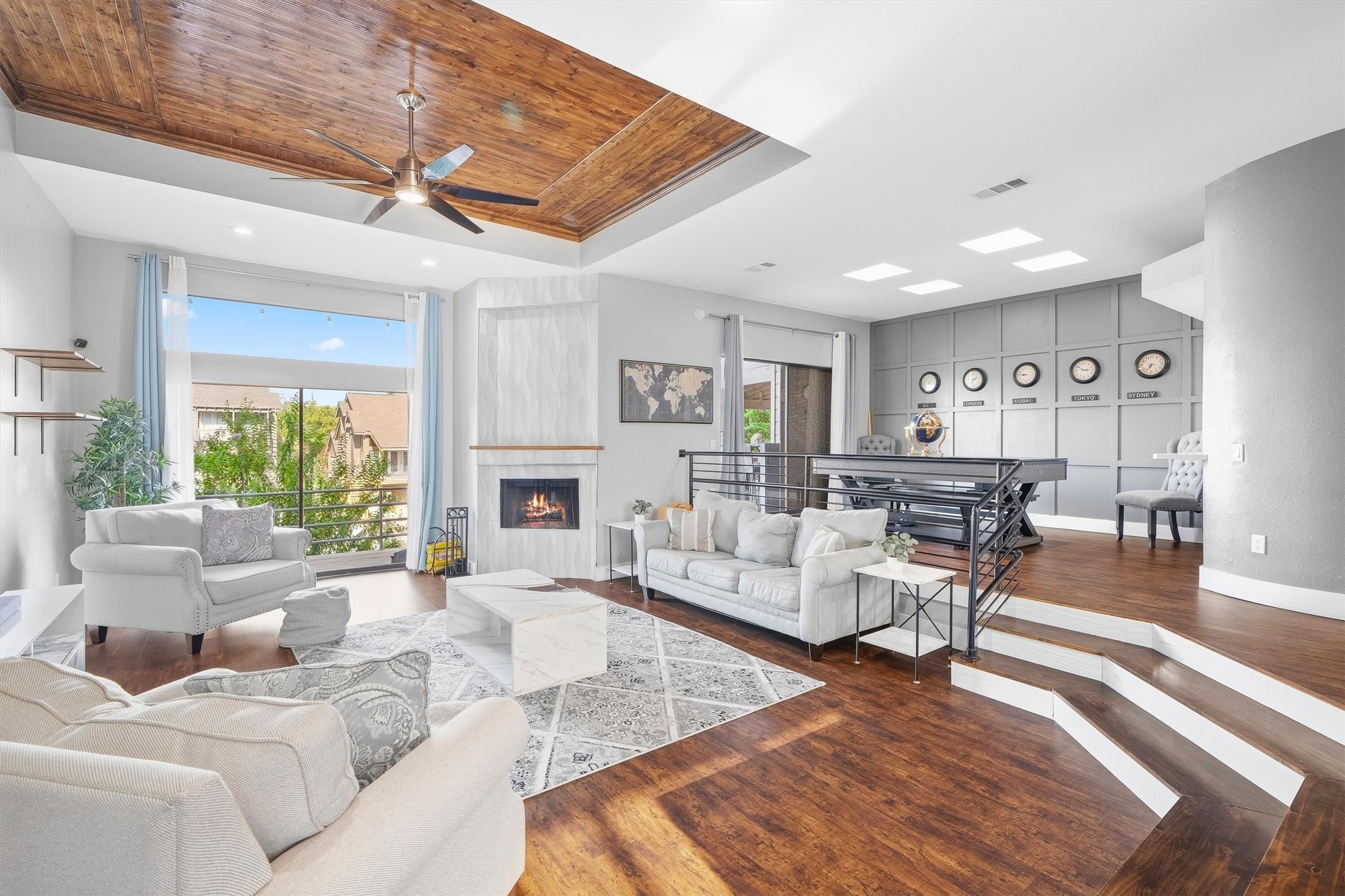 Cozy fireplace serving as the living room focal point.