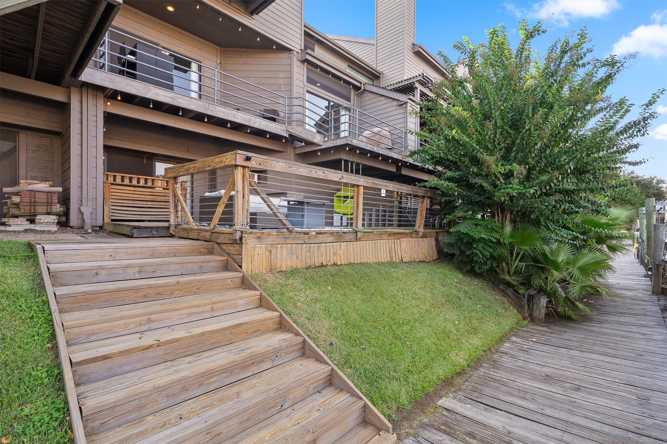 Tranquil canal views from multiple outdoor levels.