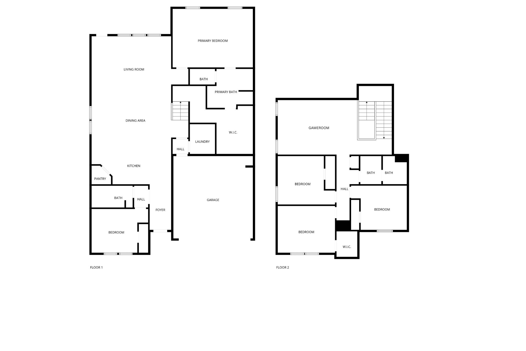 The homes layout includes two bedrooms downstairs, including the spacious primary suite, while the remaining bedrooms and game room are located upstairs.