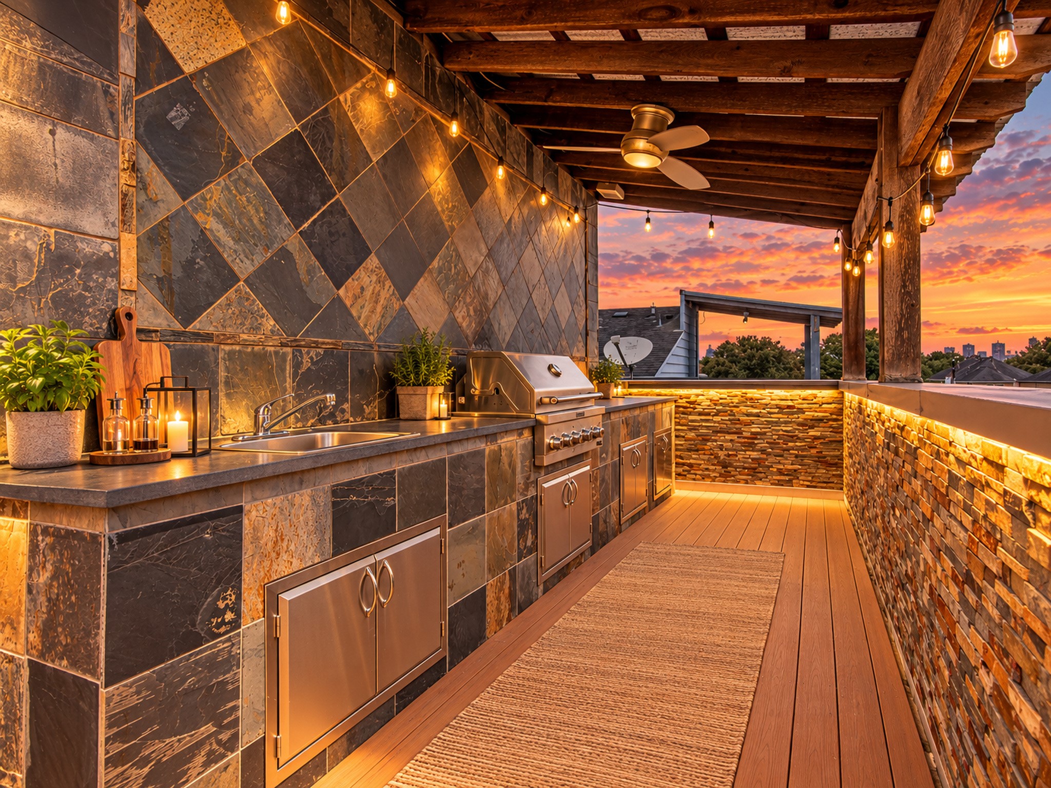 Covered rooftop outdoor kitchen featuring a built-in grill, generous counter space, and warm accent lighting.