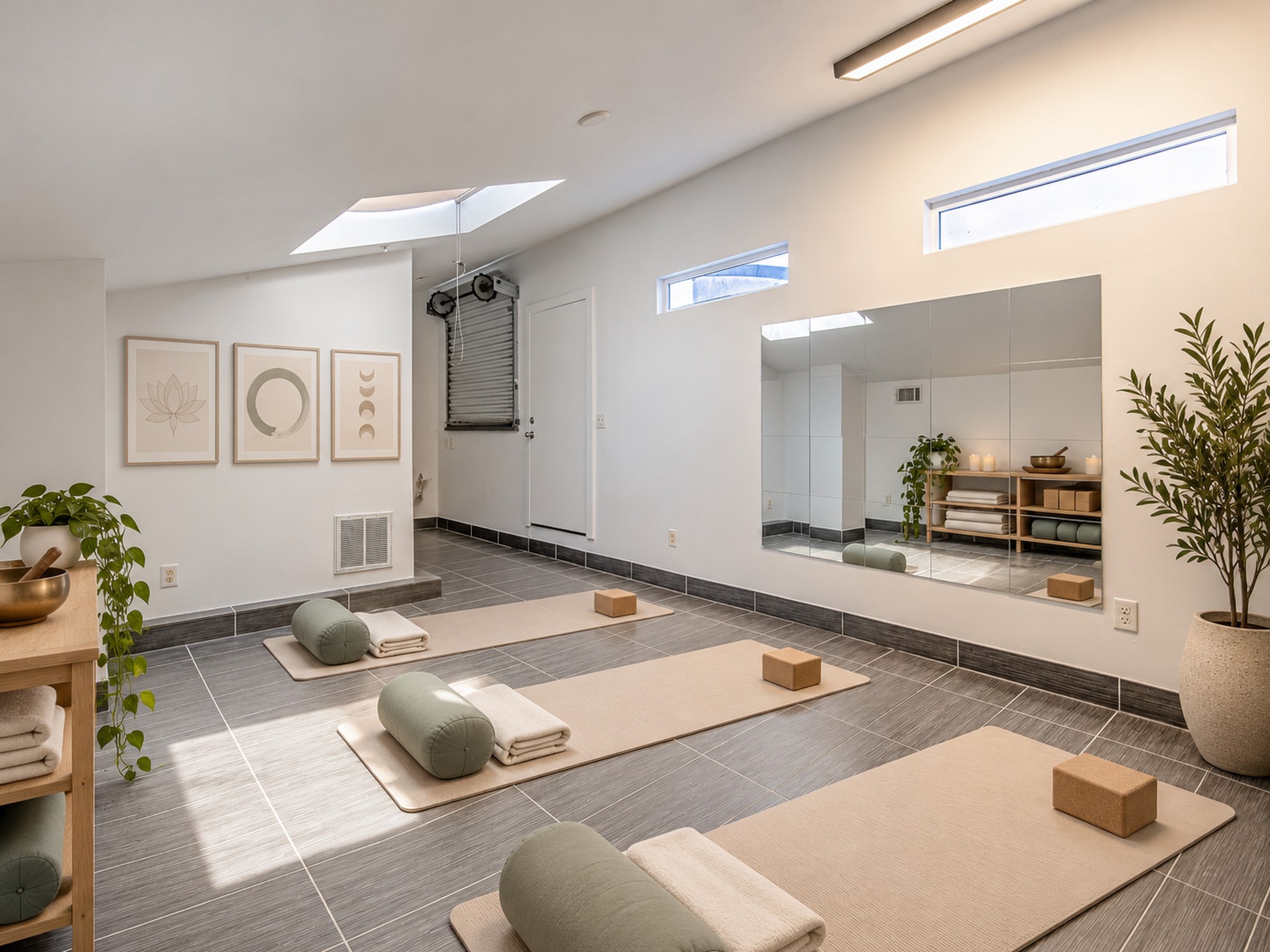 Additional view of the flex space highlighting mirrored walls, high windows, and an open layout for a variety of uses.