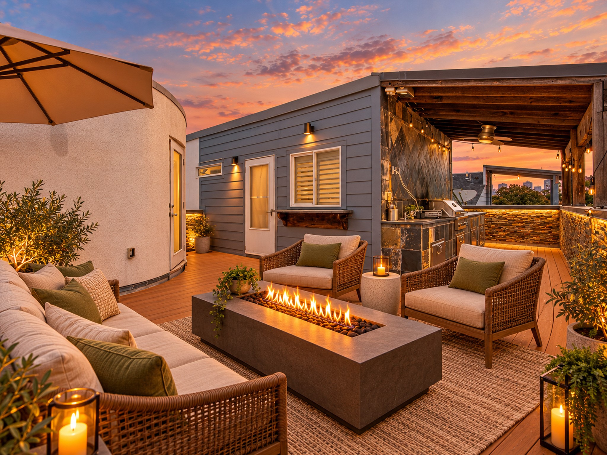 Rooftop terrace with space for outdoor lounging and entertaining beside the covered outdoor kitchen.