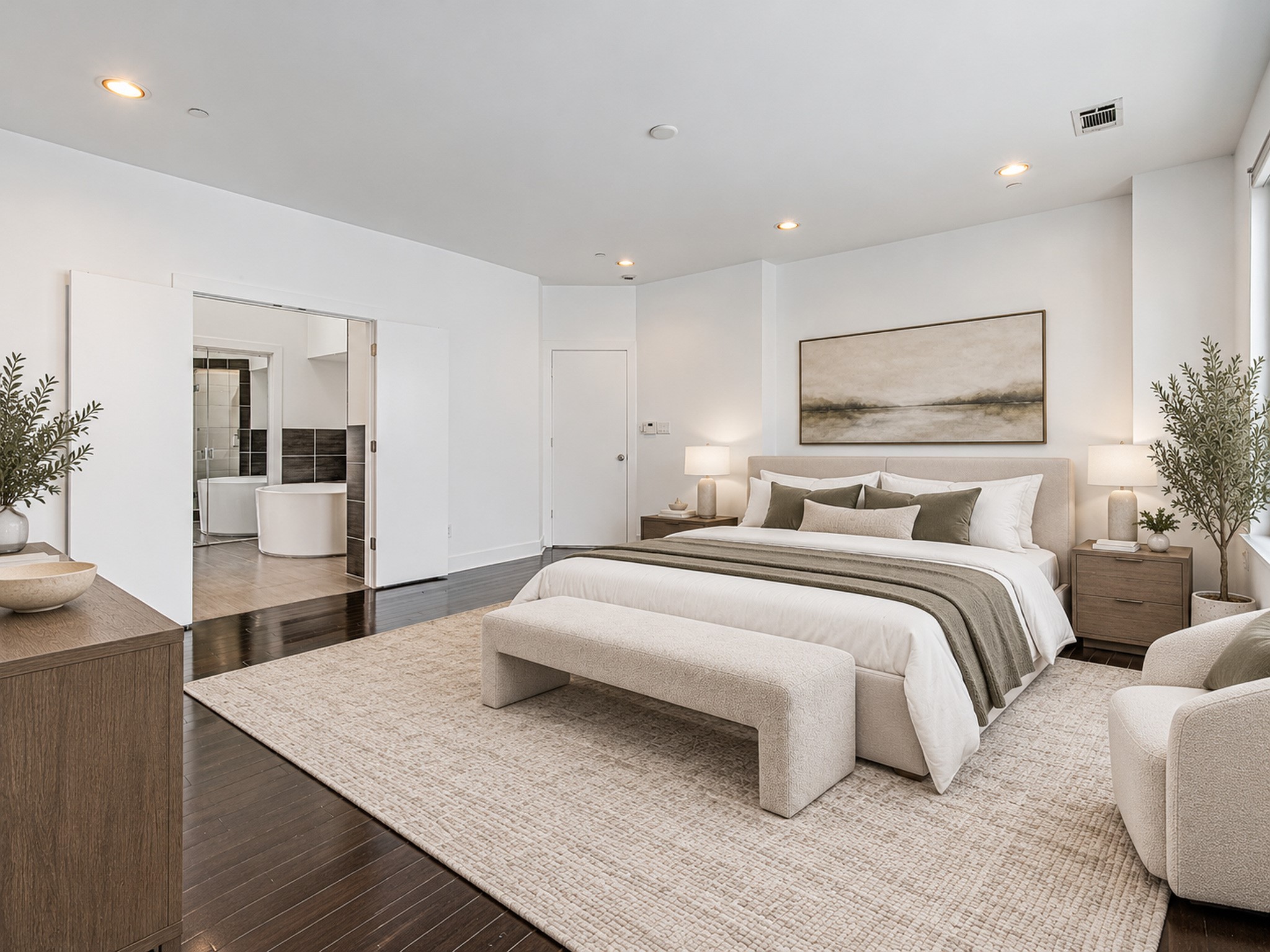 Alternate view of the primary bedroom showcasing its spacious layout and adjoining bathroom entrance.