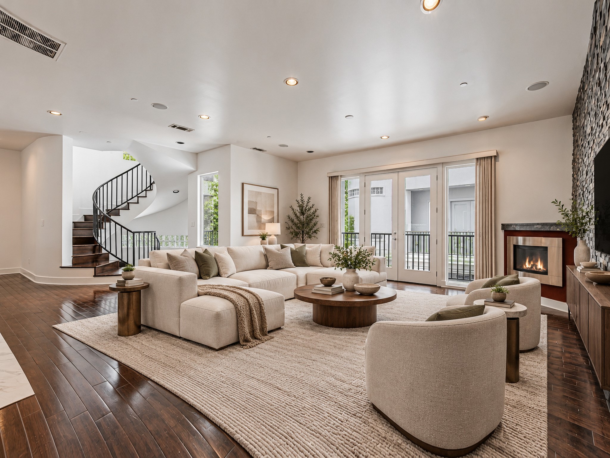 Another view of the living room highlighting the fireplace, tall windows, and sculptural staircase.