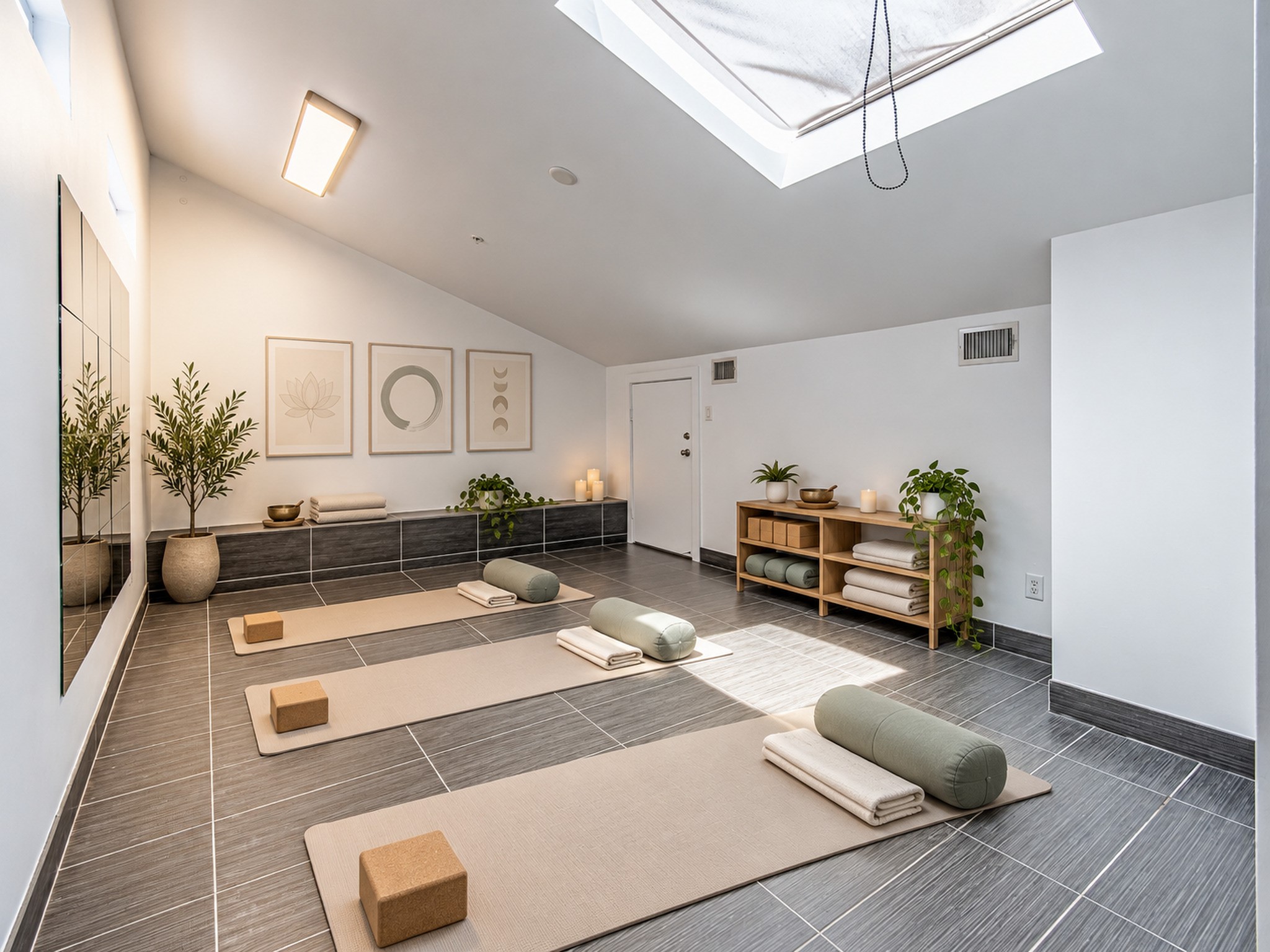 Versatile flex space shown as a wellness studio, featuring a skylight and room for exercise or creative activities.