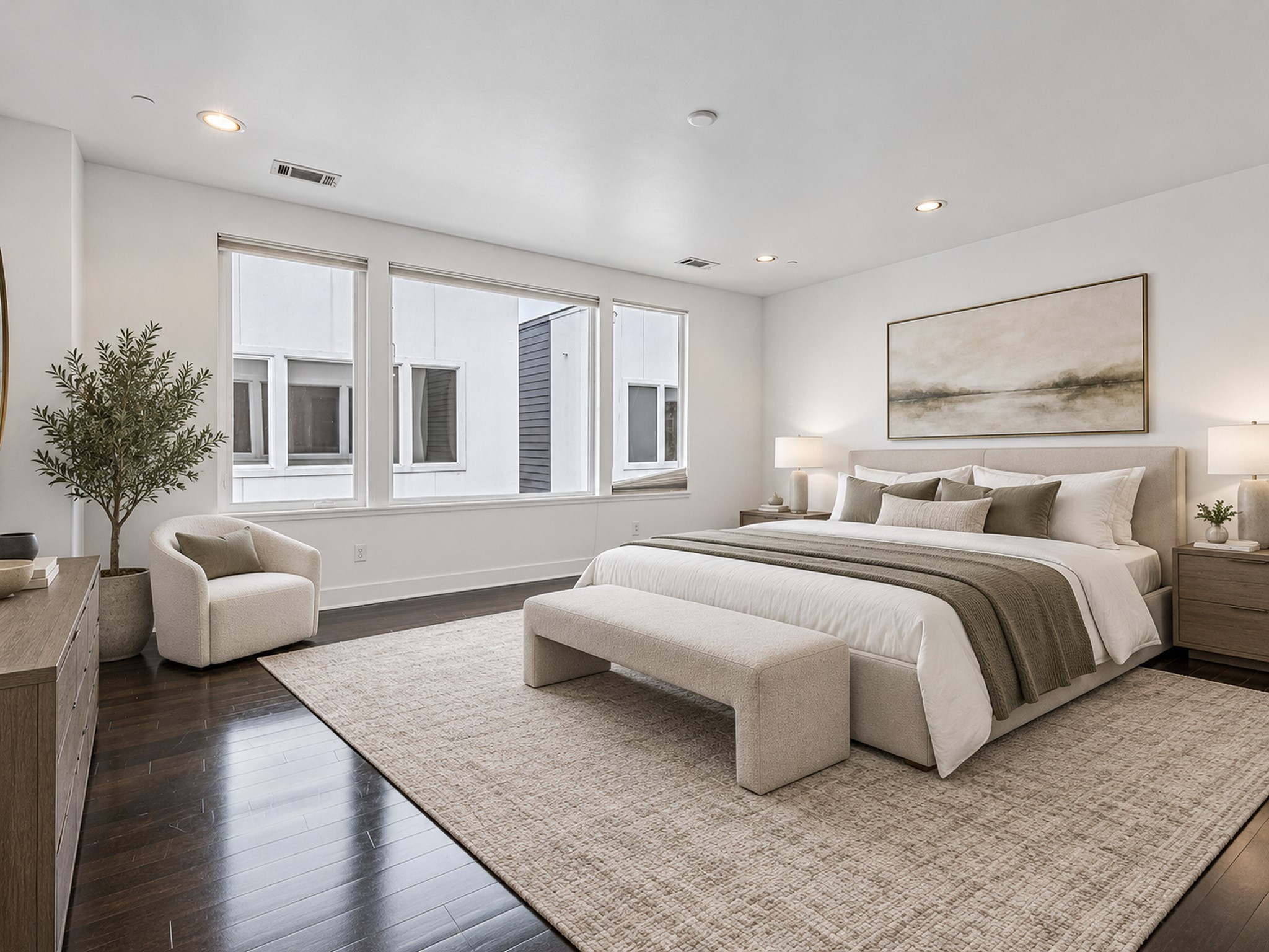 Bright primary bedroom featuring a generous window-lined wall, dark wood flooring, and space for a sitting area.