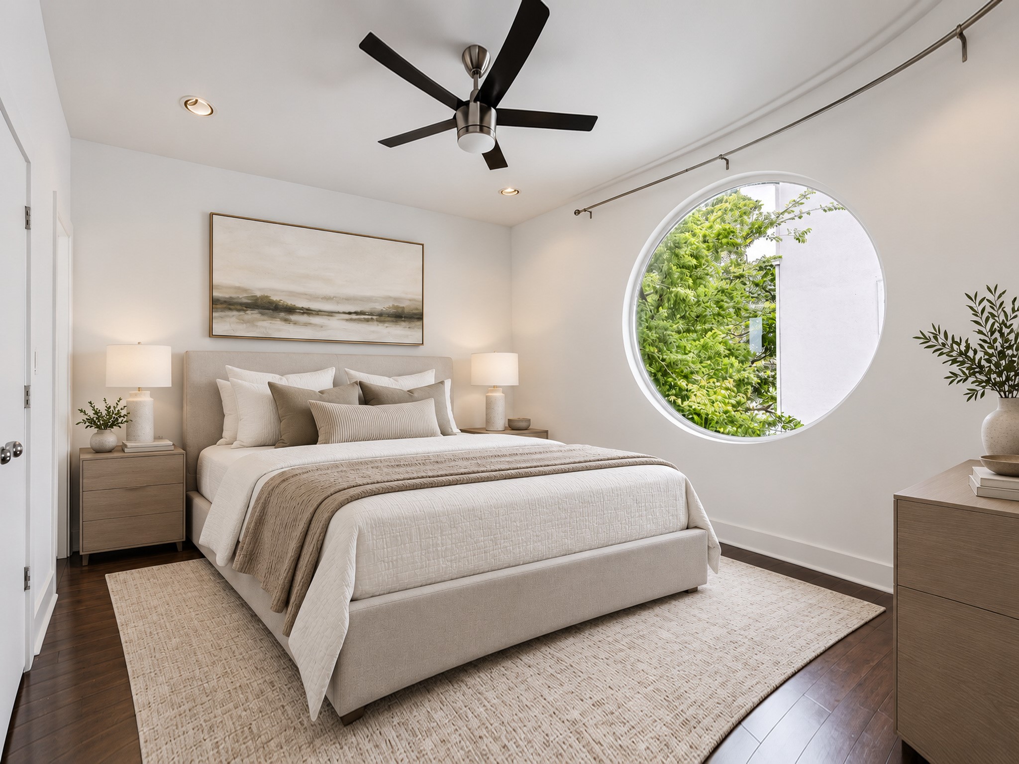 Secondary bedroom featuring a signature circular window, dark wood flooring, and a contemporary ceiling fan.