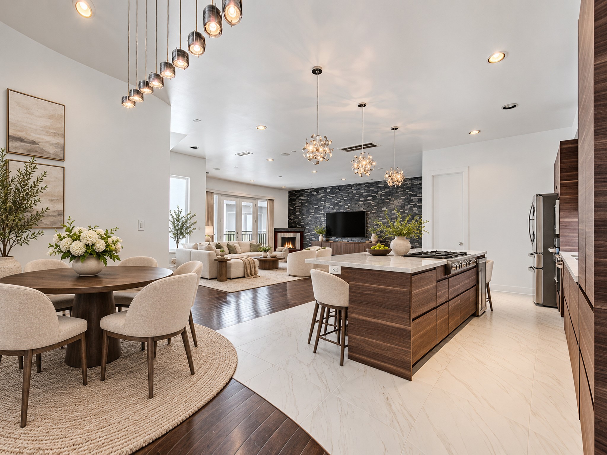 Open kitchen and dining area flowing into the living room, creating a connected setting for everyday living and entertaining.