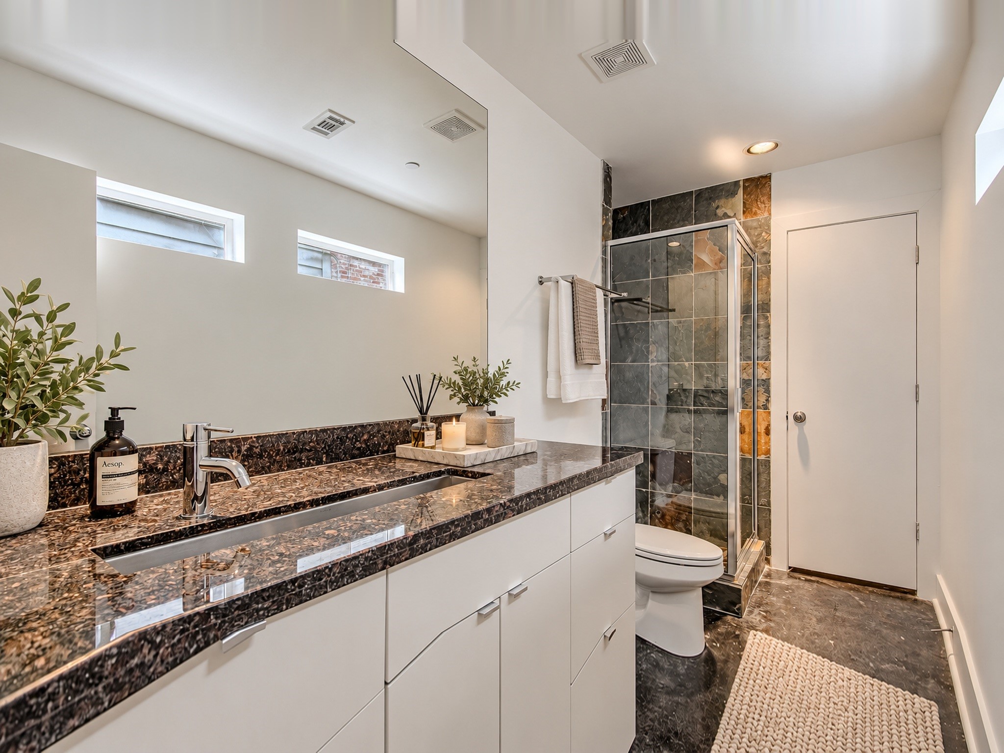 Bathroom vanity with an extended countertop, white cabinetry, high windows, and an adjacent glass-enclosed shower.