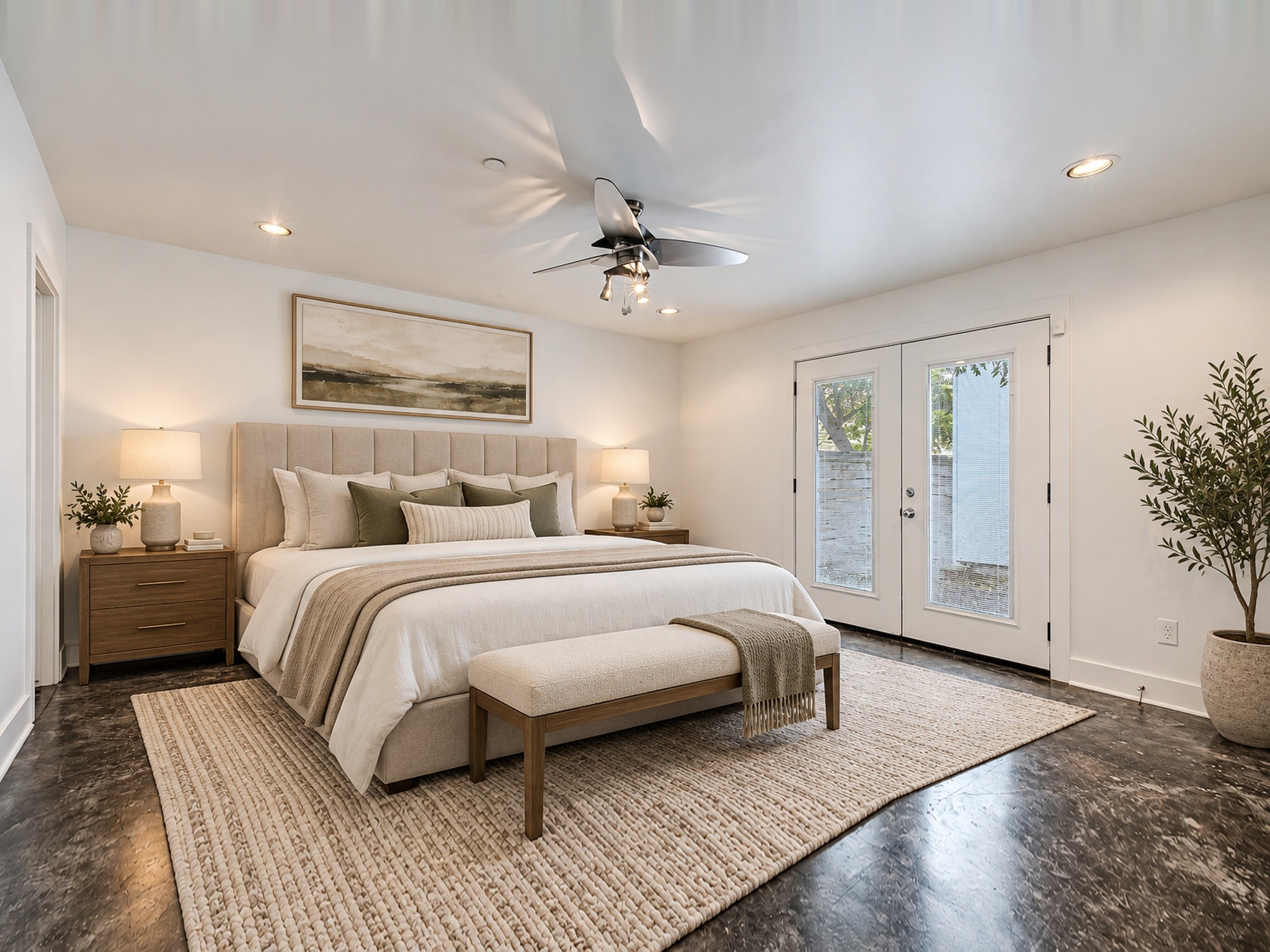 Inviting bedroom with dark wood flooring, recessed lighting, and glass-paneled doors that brighten the space.