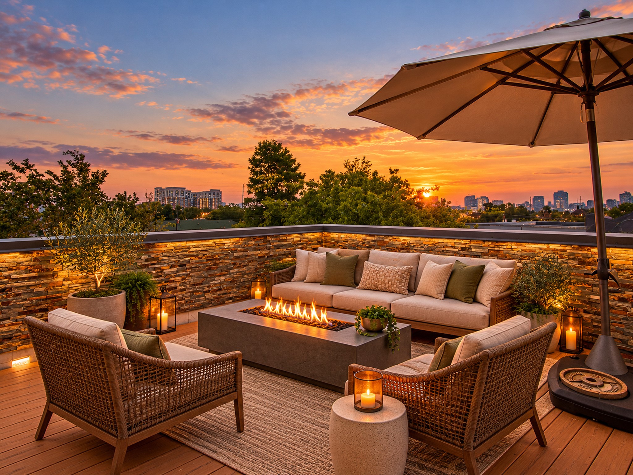 Open-air rooftop seating area framed by stone walls, with elevated views and a colorful sunset backdrop.