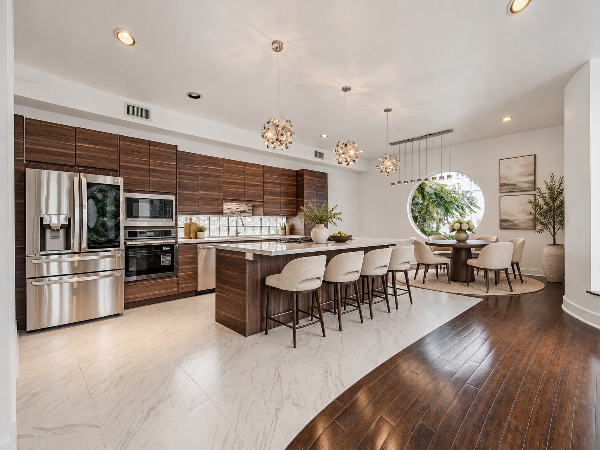 Open kitchen featuring a large island with seating, wood cabinetry, stainless steel appliances, and a circular window beside the dining area.
