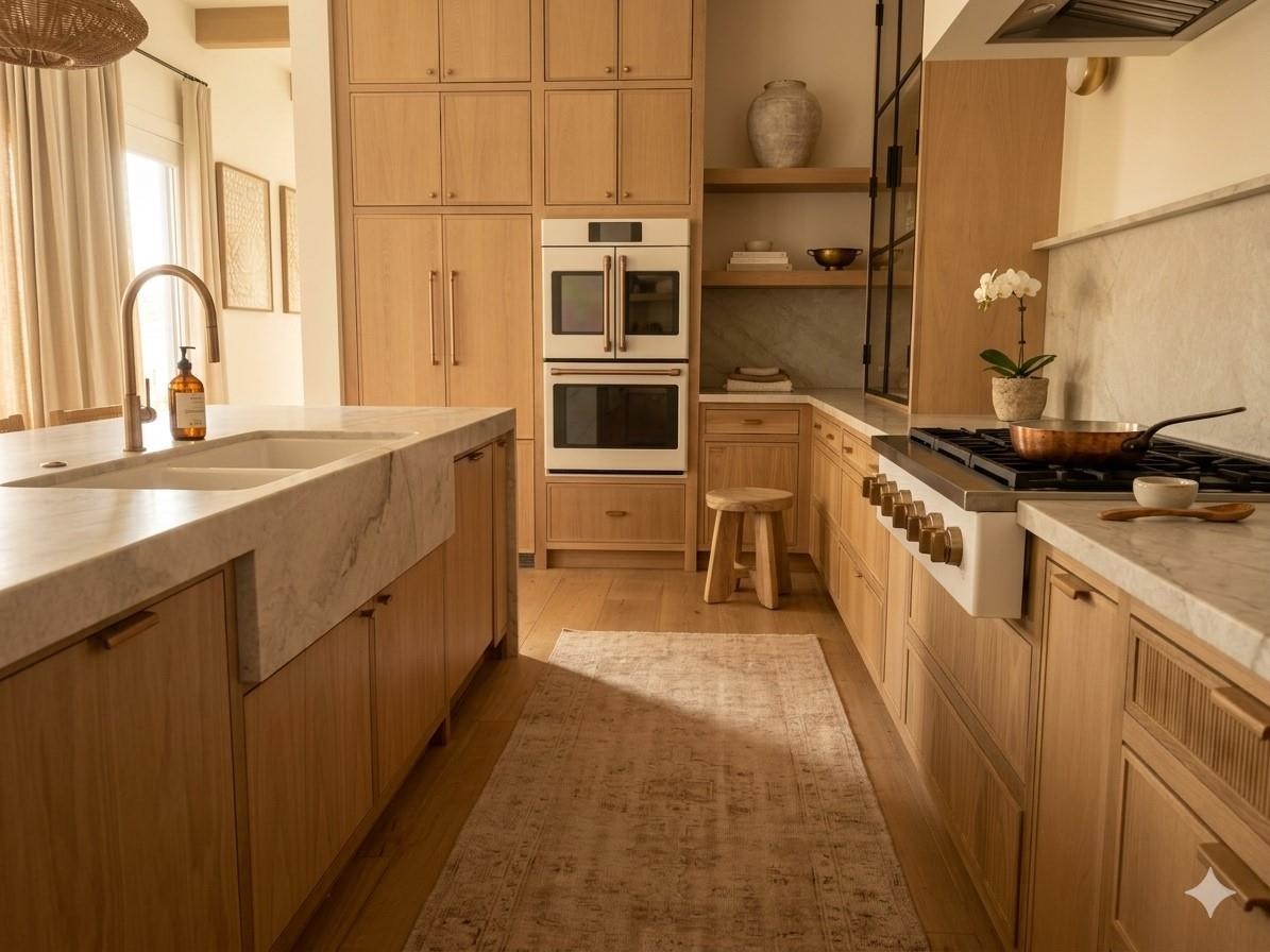 White oak cabinetry floor to ceiling with Taj Mahal Countertops, must see in person!
