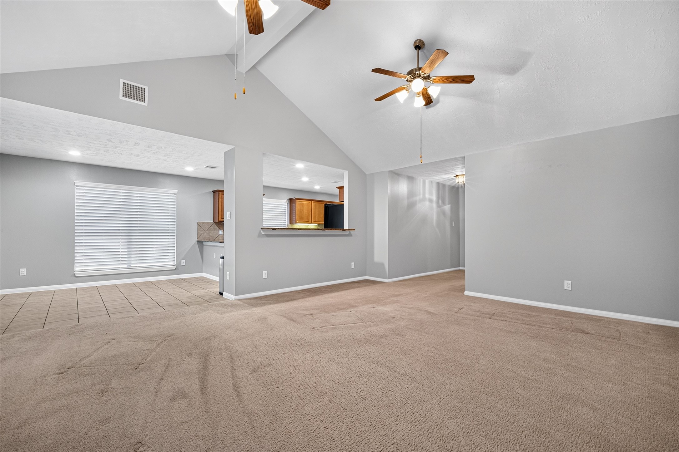 Living area offers a broad carpeted layout, a vaulted ceiling, and a kitchen pass-through that connects the two spaces.