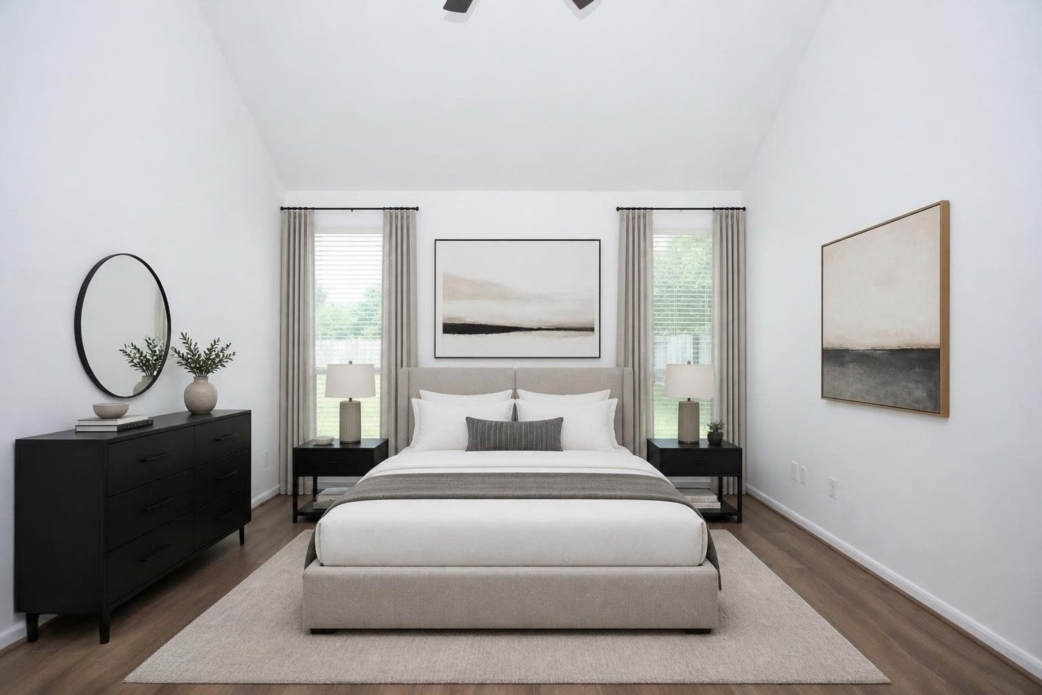 Discover modern elegance in this virtually staged bedroom, featuring a serene color palette, stylish furnishings, and abundant natural light through large windows.